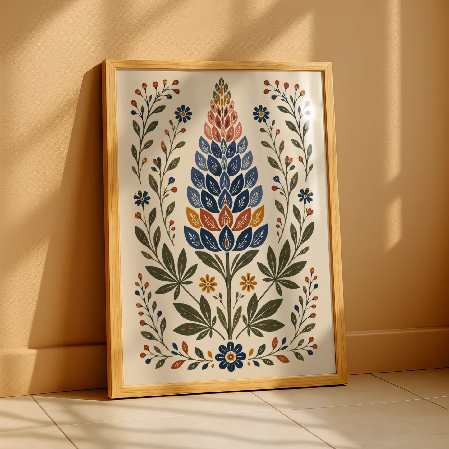 Folk Art Lupin Poster, Botanical Wildflower Print, Navy Blue Floral Wall Art, Scandi Style
