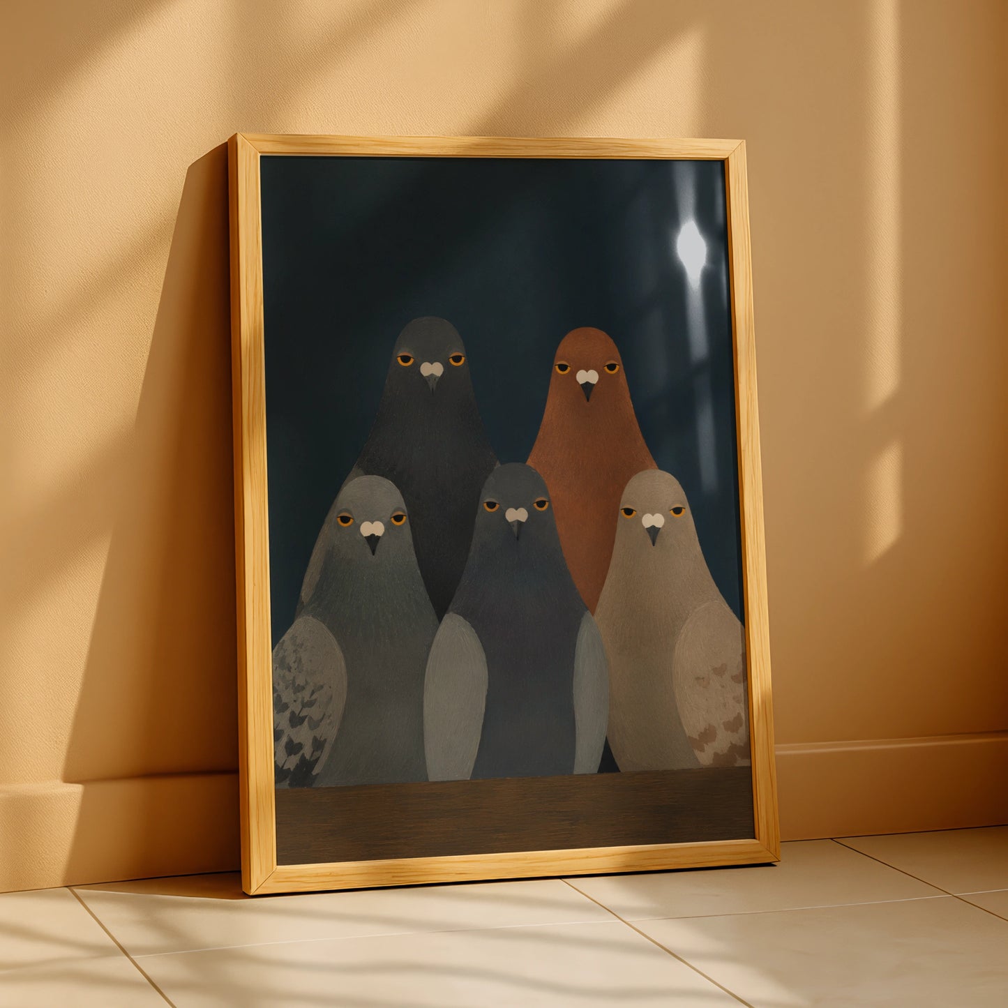 Pigeon Stare Poster, Moody Bird Wall Art, Dark Teal Flock Print, Quirky Animal Decor
