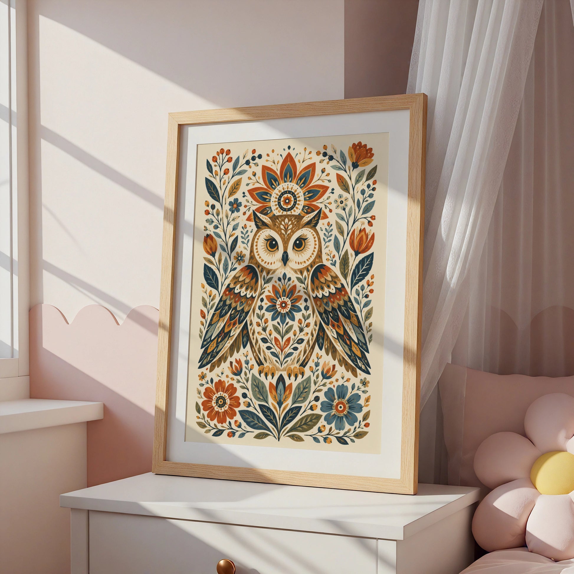 Folk Art Owl Poster, Floral Bird Wall Art, Botanical Nature Print, Boho Home Decor