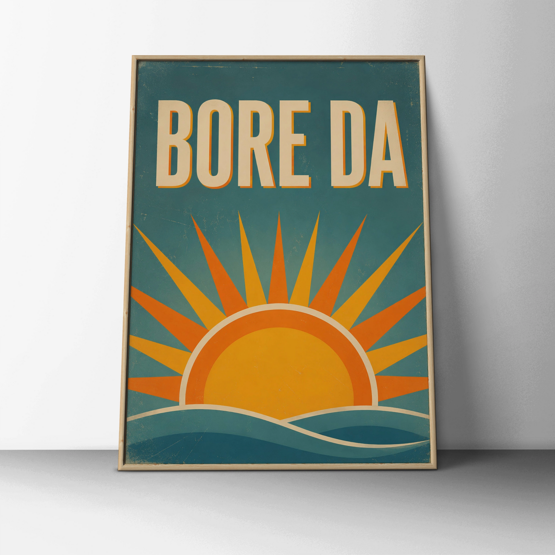 Bore Da Welsh Good Morning Poster, Wales Retro Sunrise Wall Art, Teal Orange Print