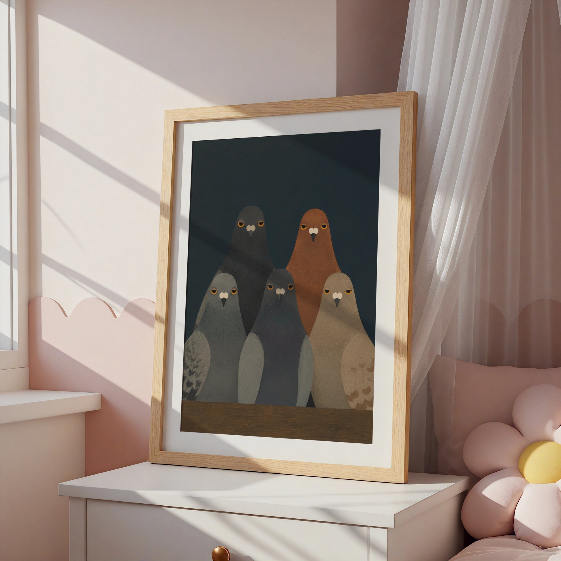 Pigeon Stare Poster, Moody Bird Wall Art, Dark Teal Flock Print, Quirky Animal Decor