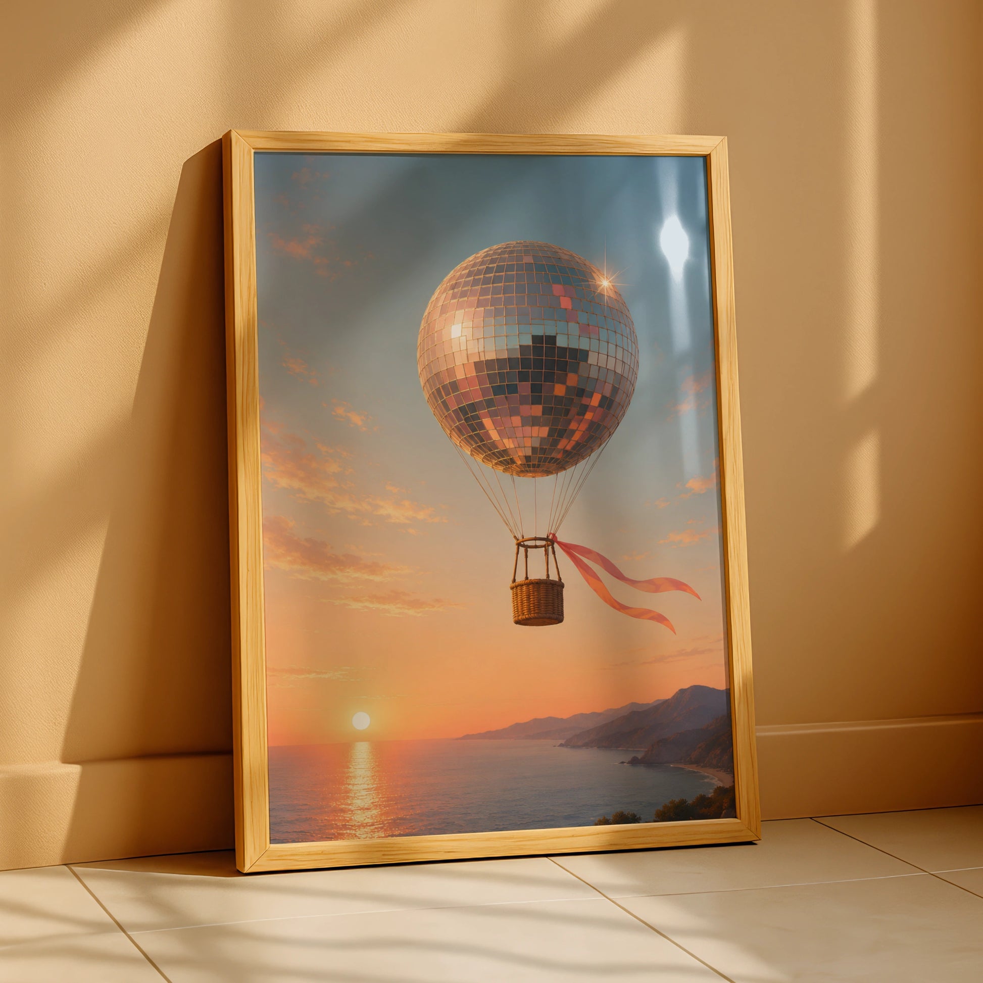 Disco ball hot-air balloon floating above a peach and pink coastal sunset