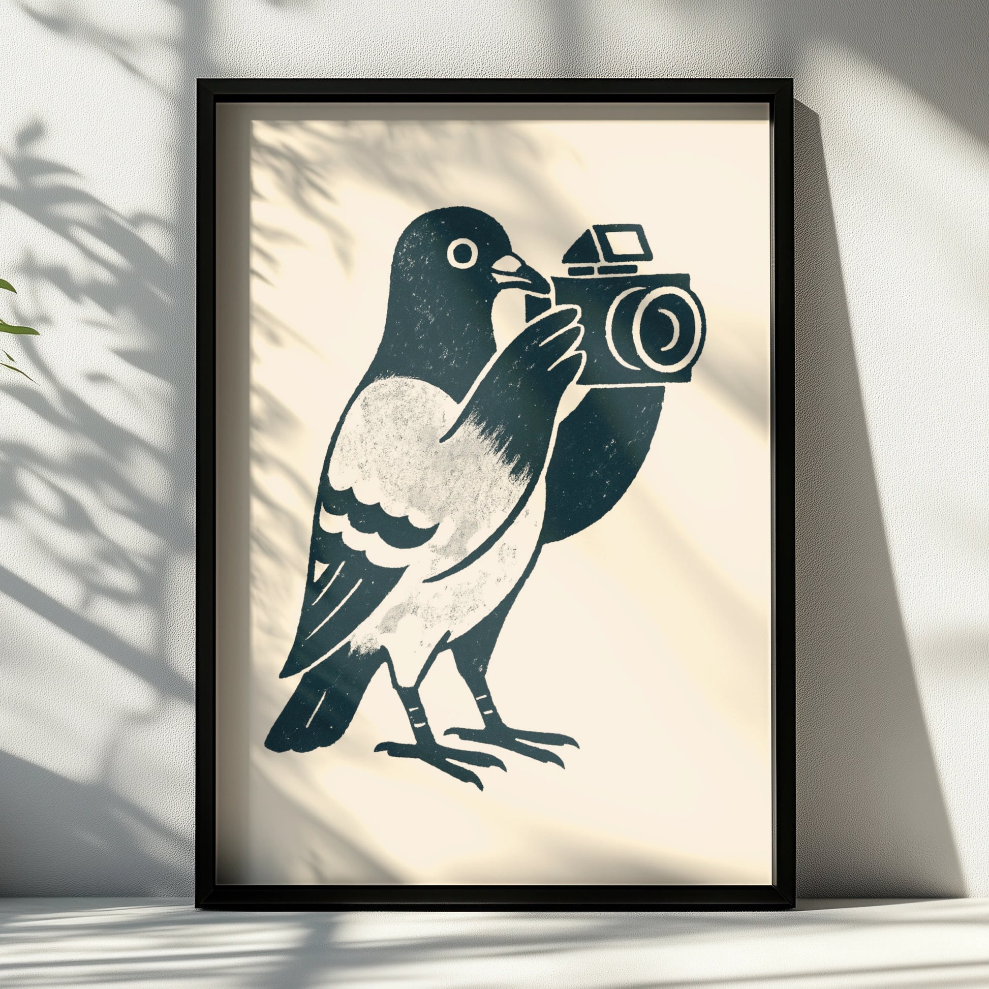 Pigeon camera poster in textured navy linework on a warm cream background
