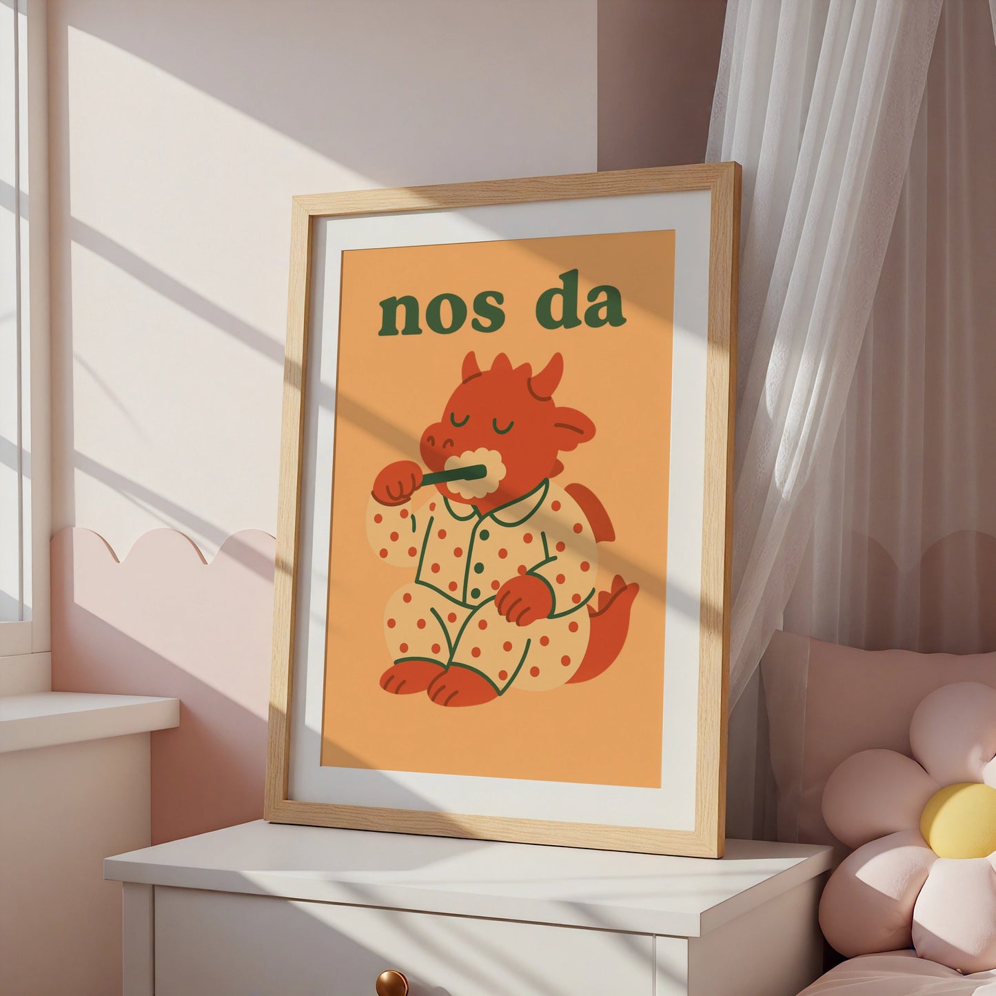 Nos Da Welsh Dragon Poster, Wales Kids Bedroom Wall Art, Cute Goodnight Print