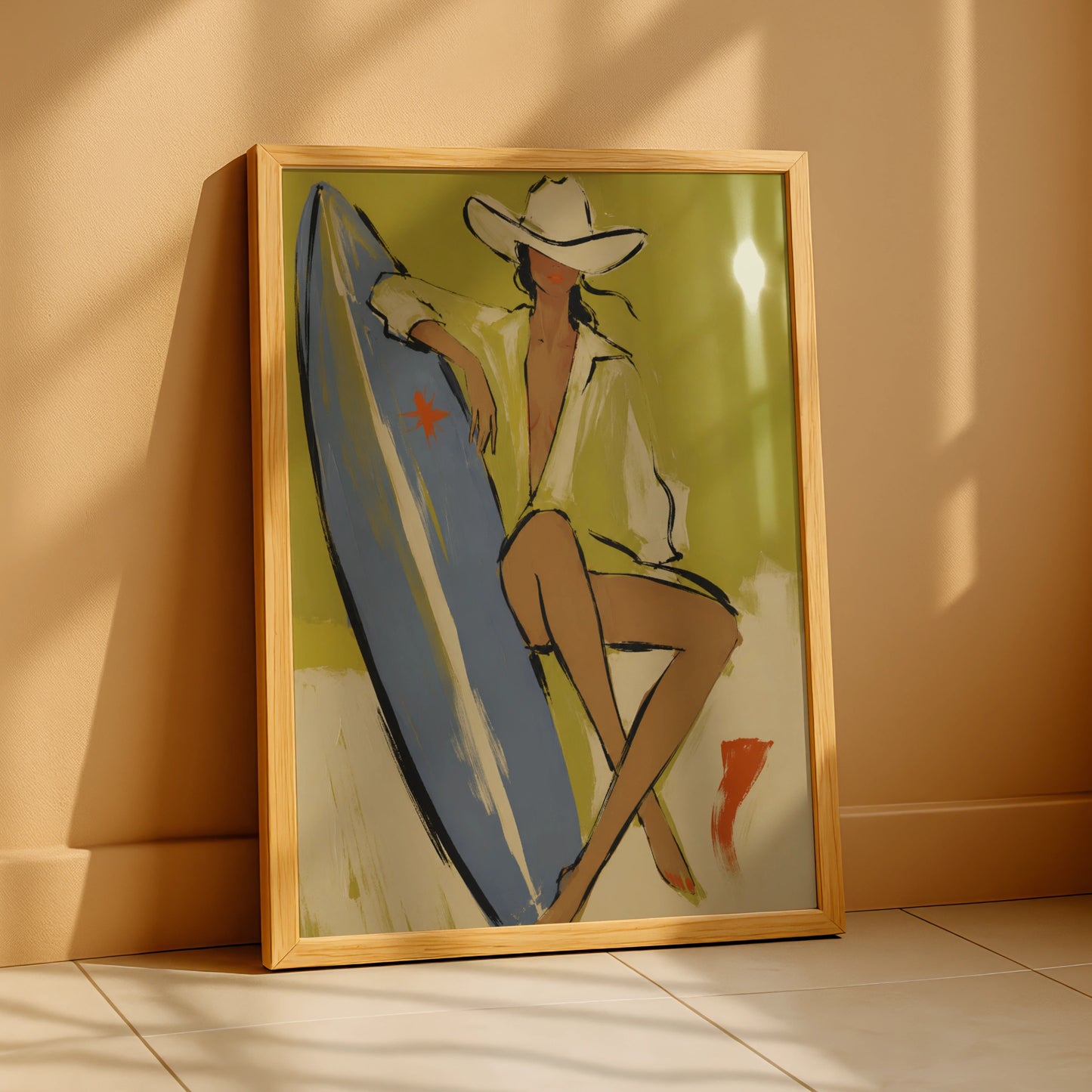 Cowgirl surfer poster with white cowboy hat, blue surfboard and olive-green background