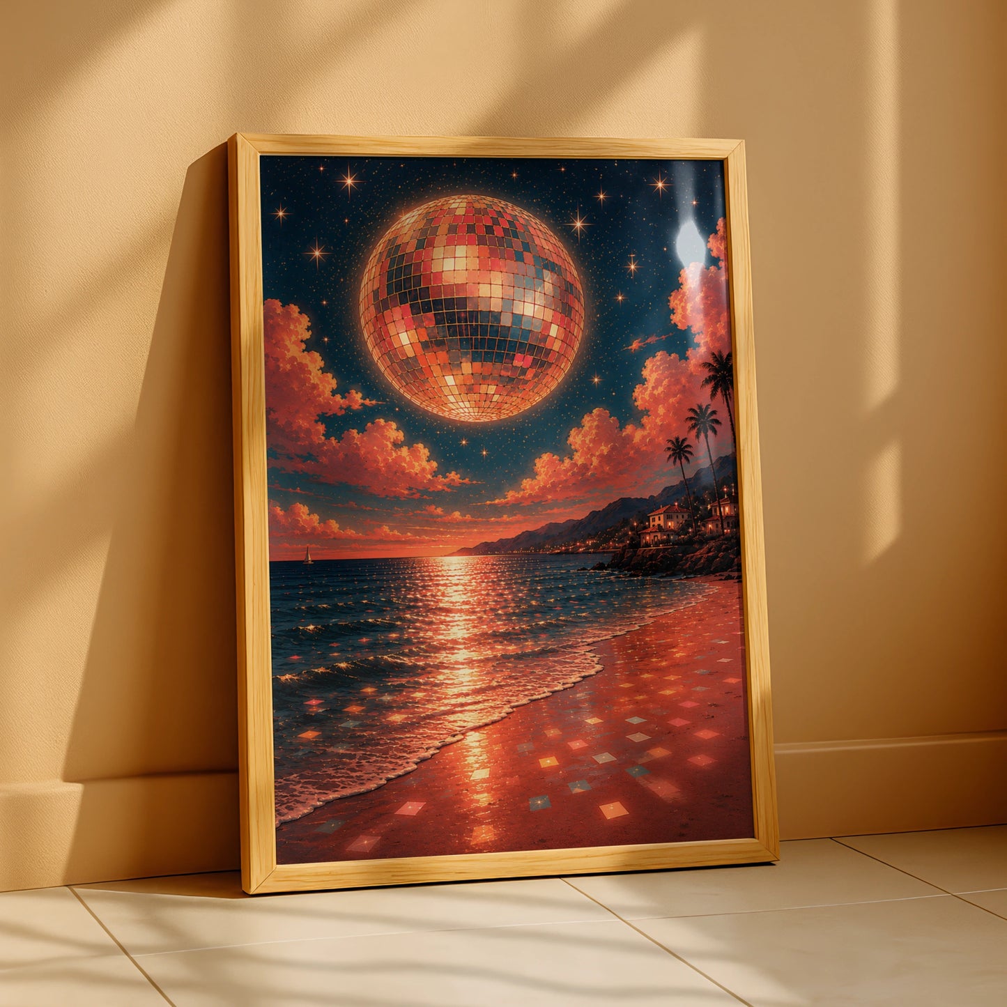 Surreal disco ball moon above a teal and coral coastal beach at sunset