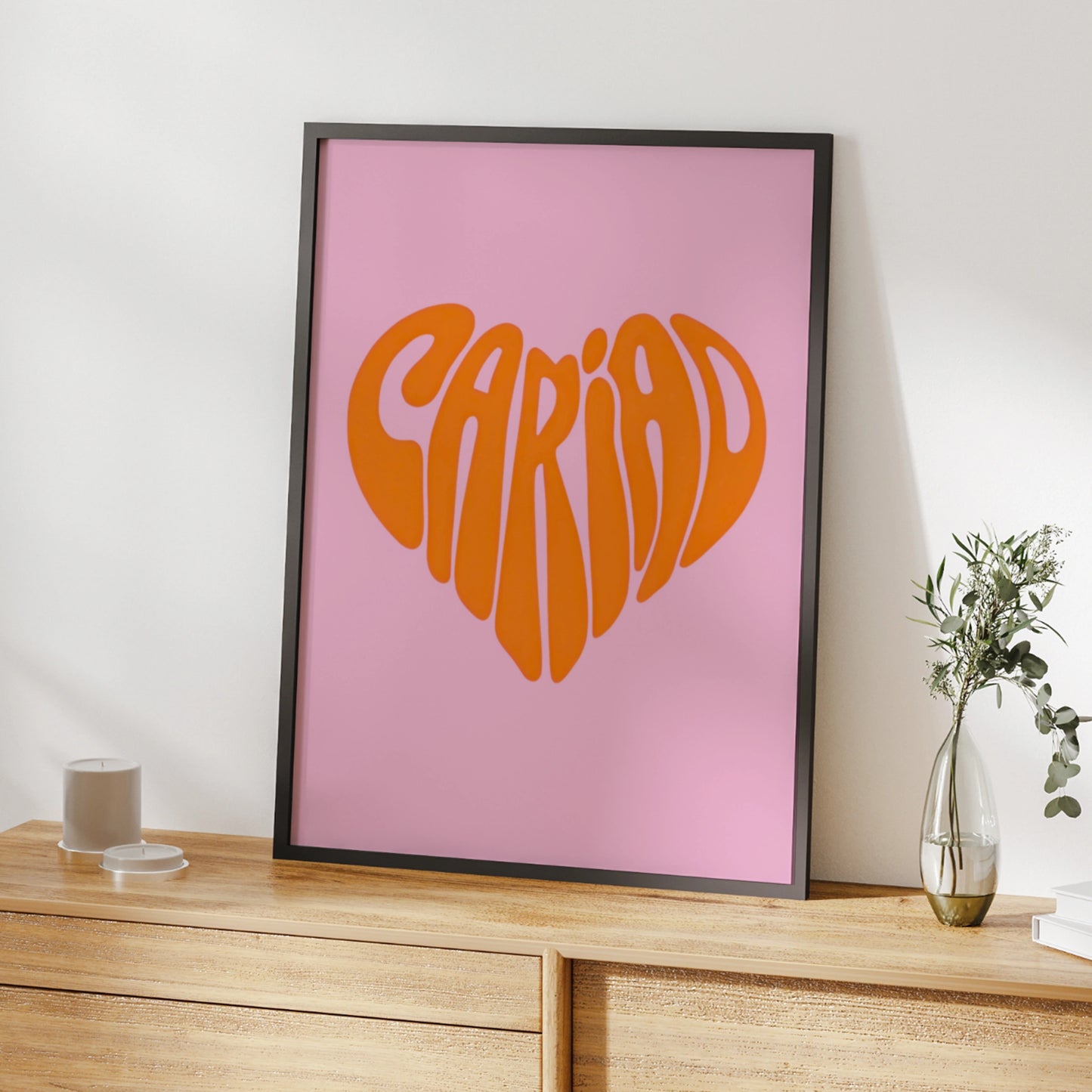 Cariad Welsh Love Heart Poster, Wales Wall Art, Pink Orange Retro Typography Print