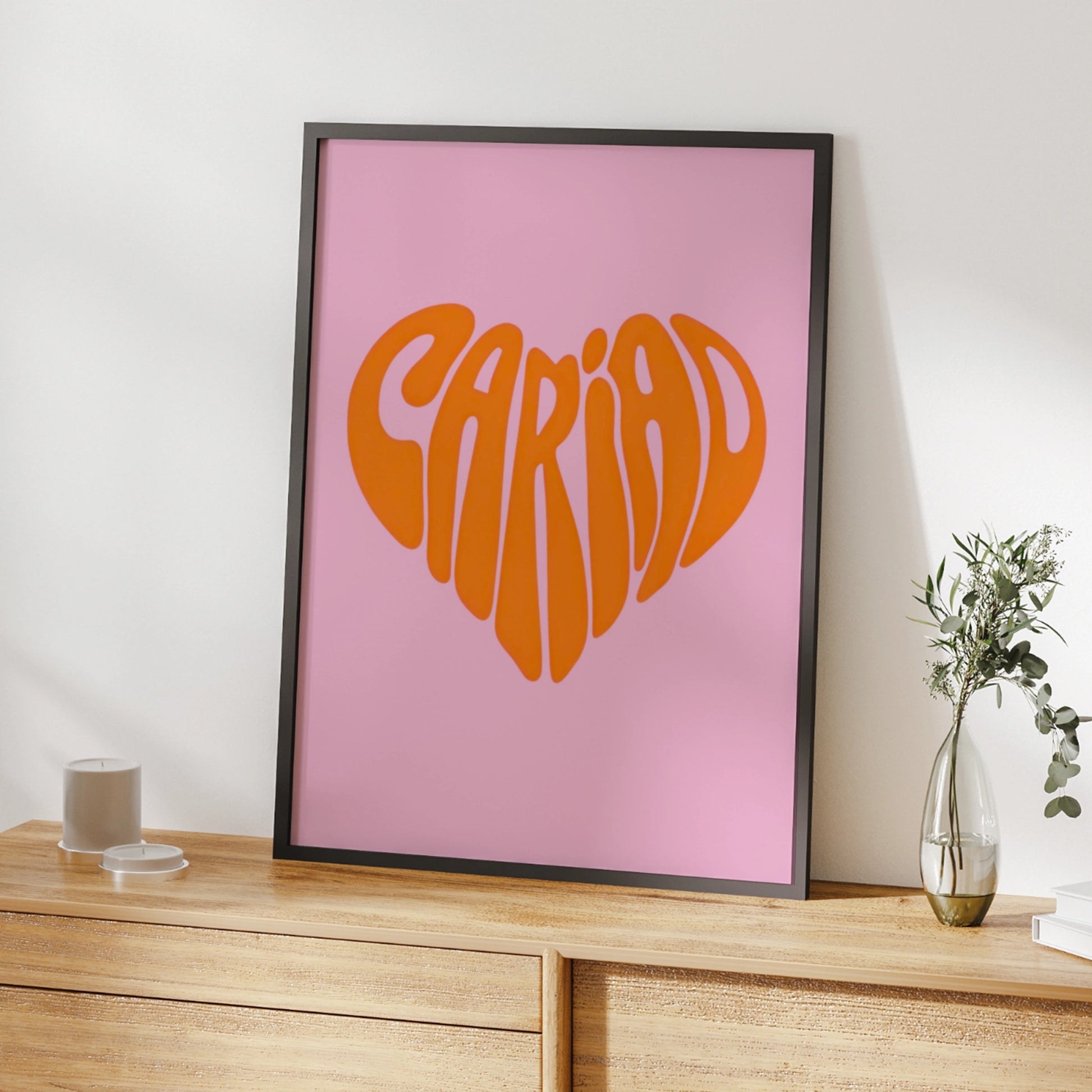 Cariad Welsh Love Heart Poster, Wales Wall Art, Pink Orange Retro Typography Print