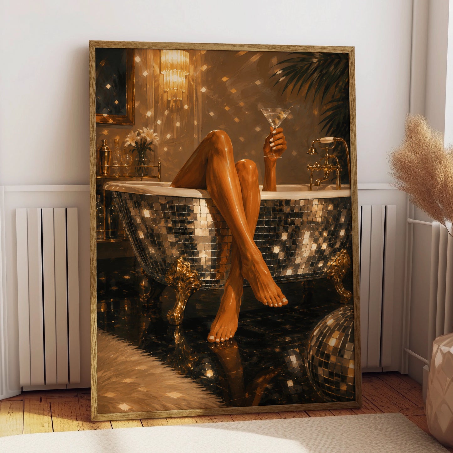 Glamorous woman holding a martini in a mirrored bath with gold decor