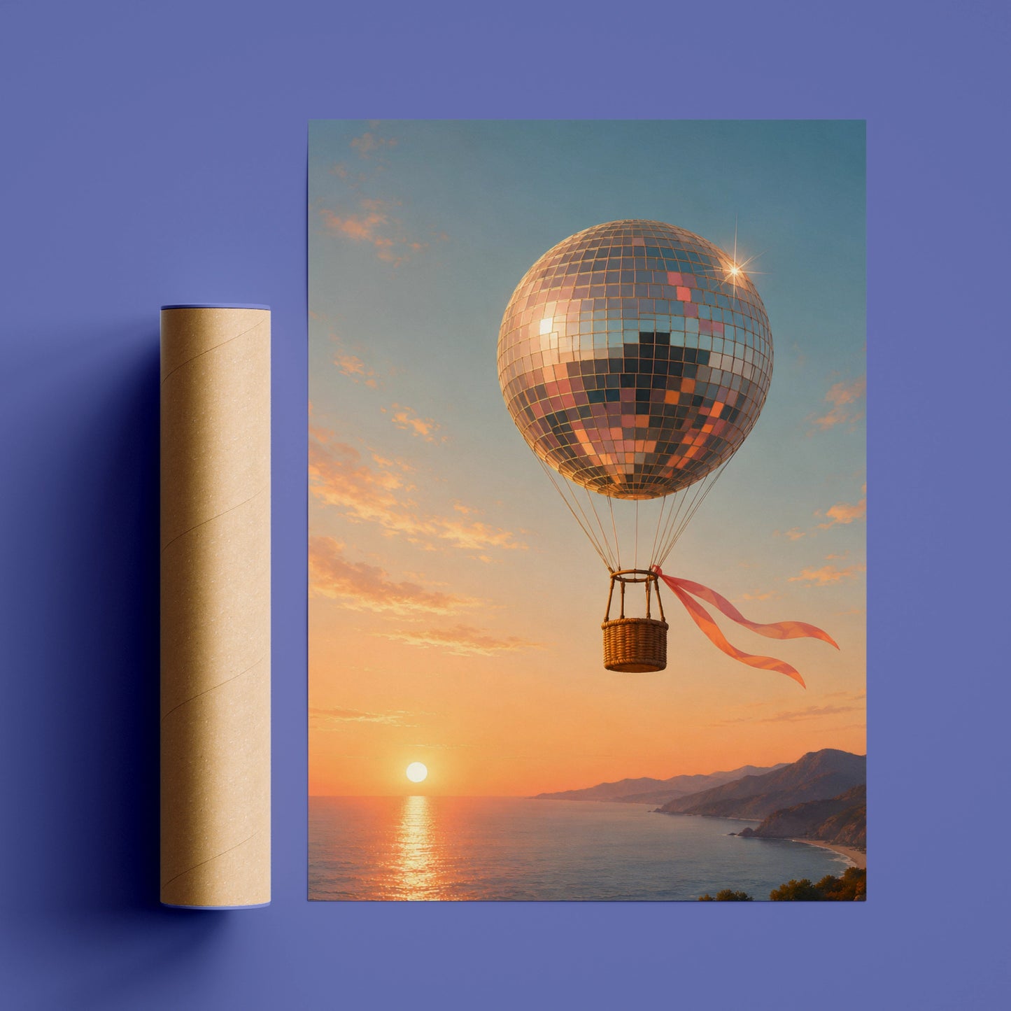 Disco ball hot-air balloon floating above a peach and pink coastal sunset