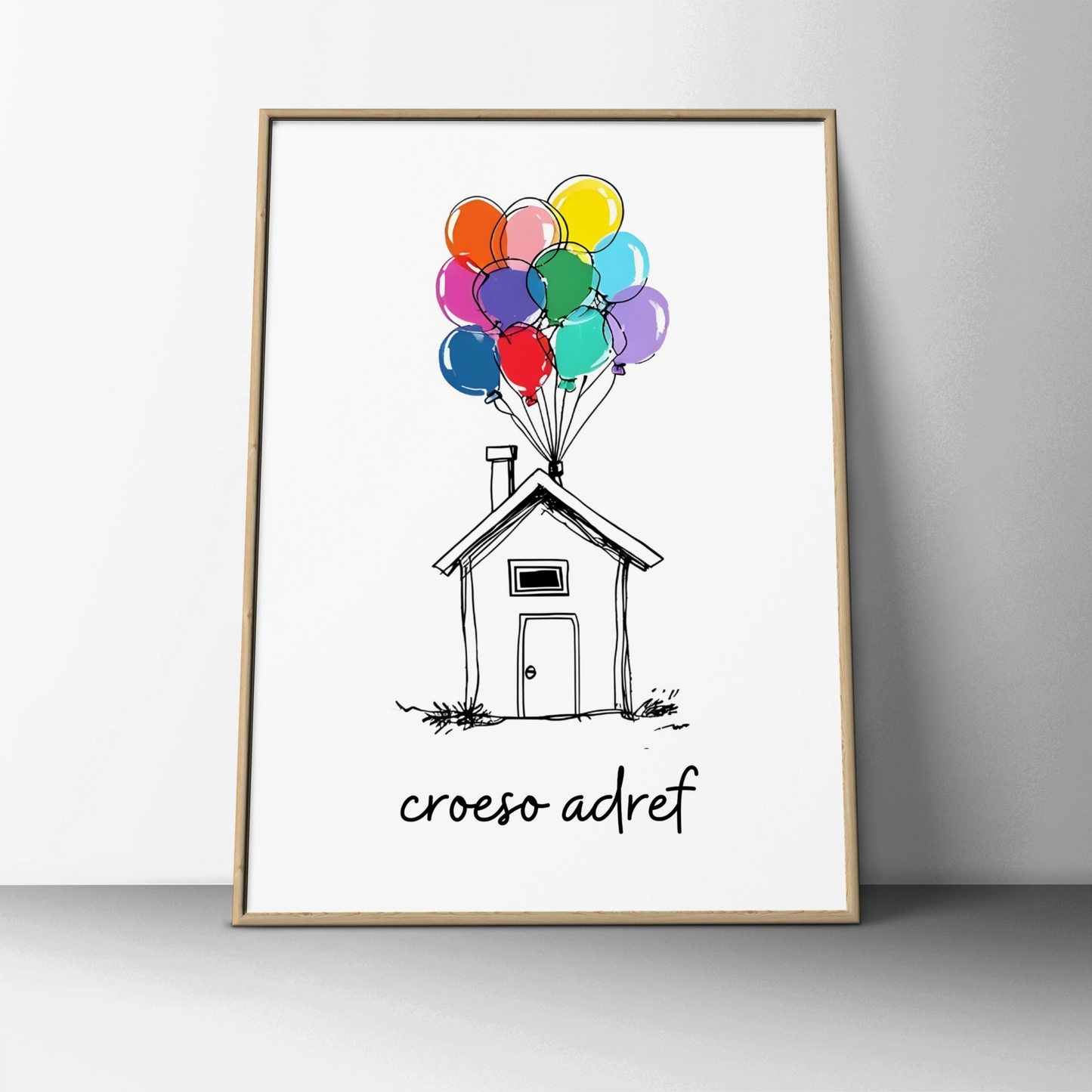 Croeso Adref Welsh Welcome Home Poster, Wales New Home Wall Art, Colourful Balloons Print