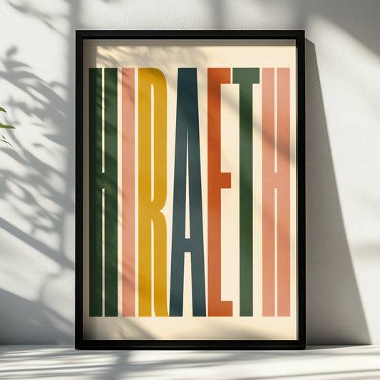 Hiraeth Wales Welsh Word Art Poster, Retro Typography Print, Colourful Wall Art