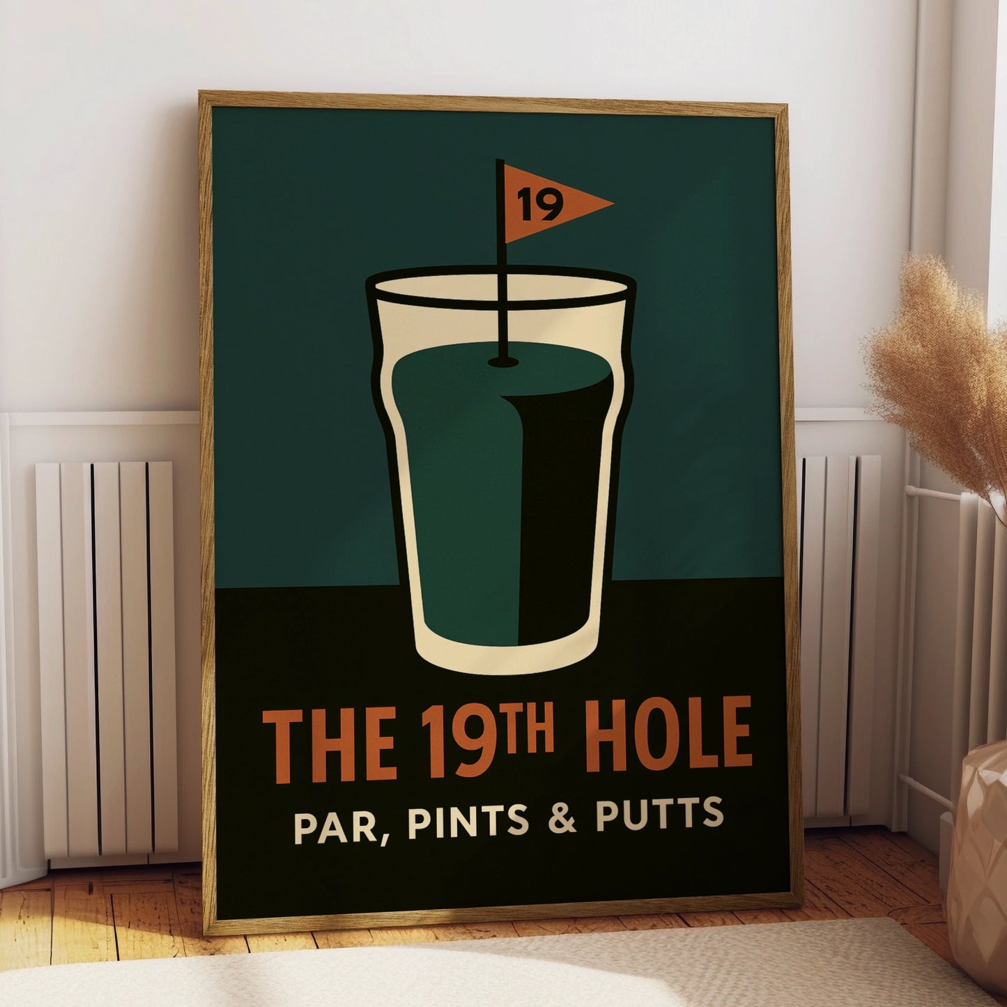 Retro 19th hole golf poster with a pint glass and flag on teal