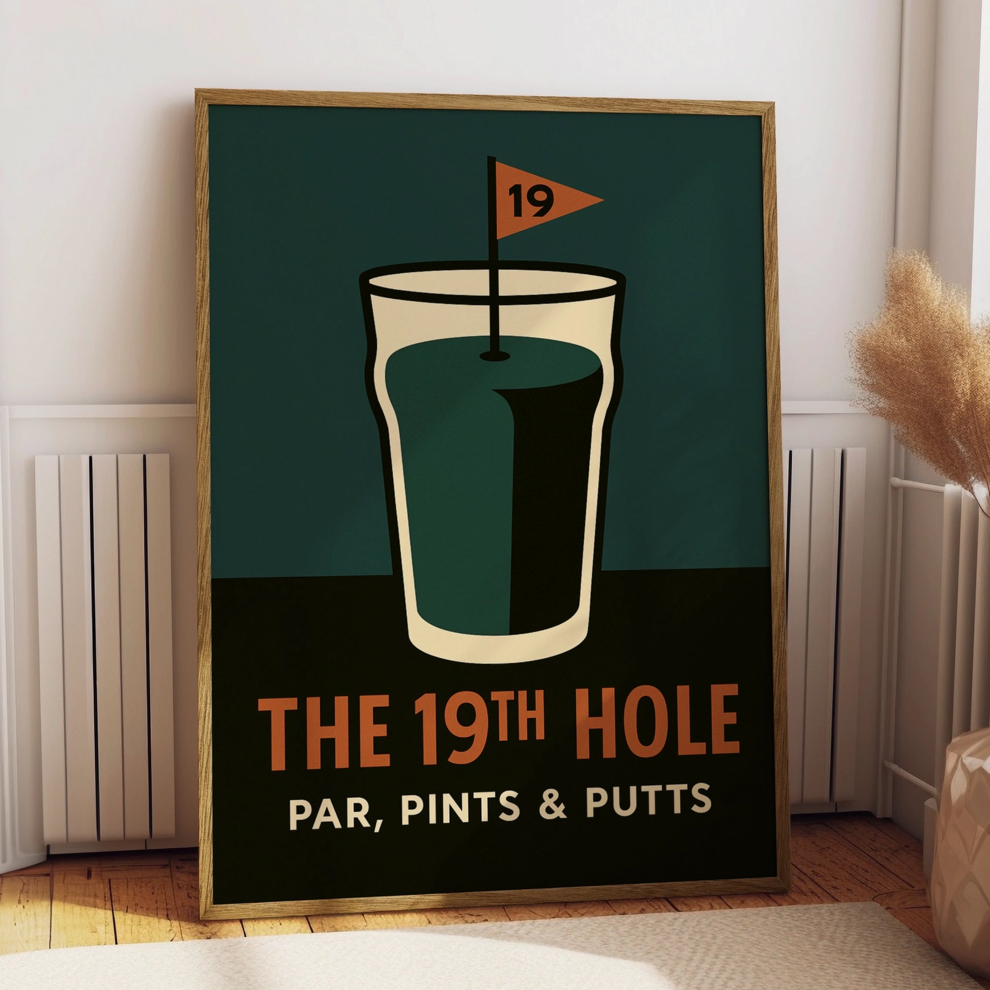 Retro 19th hole golf poster with a pint glass and flag on teal