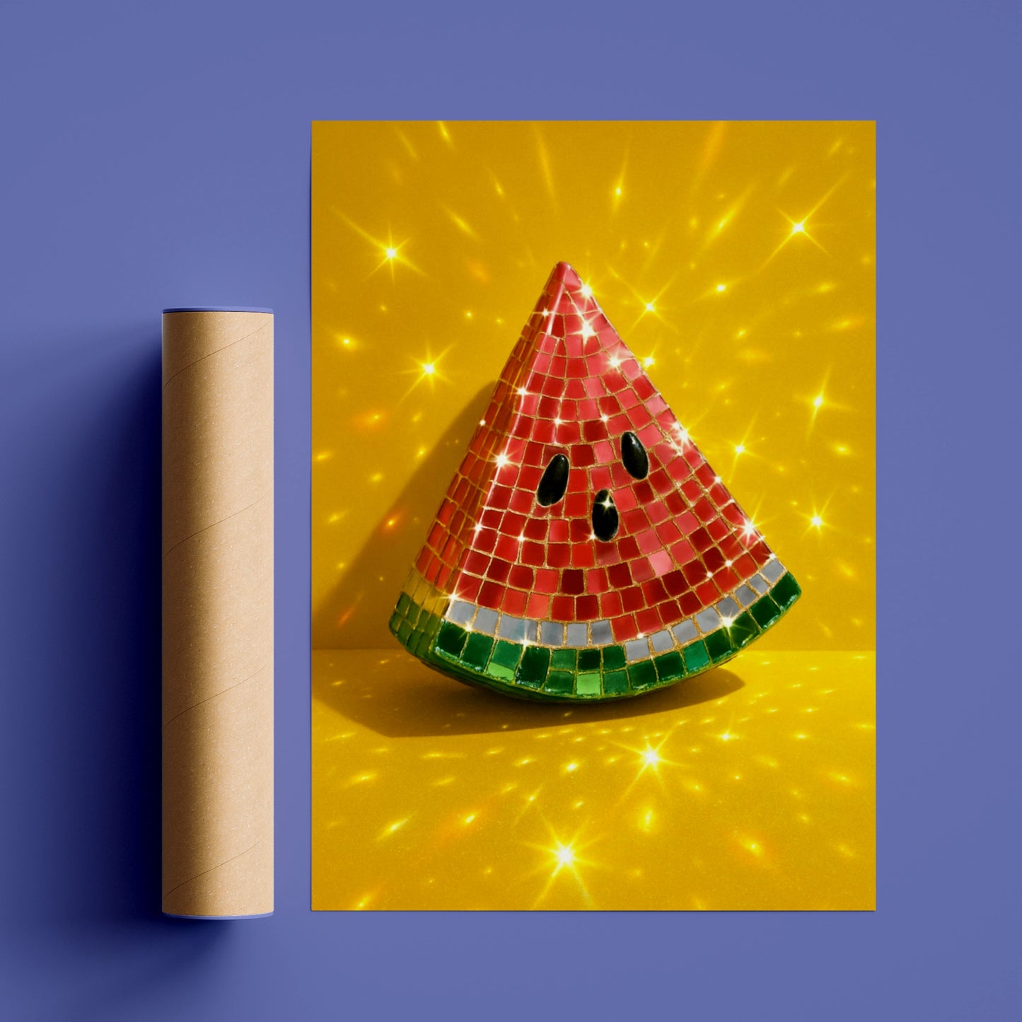 Disco ball watermelon slice on a bright yellow background with sparkles