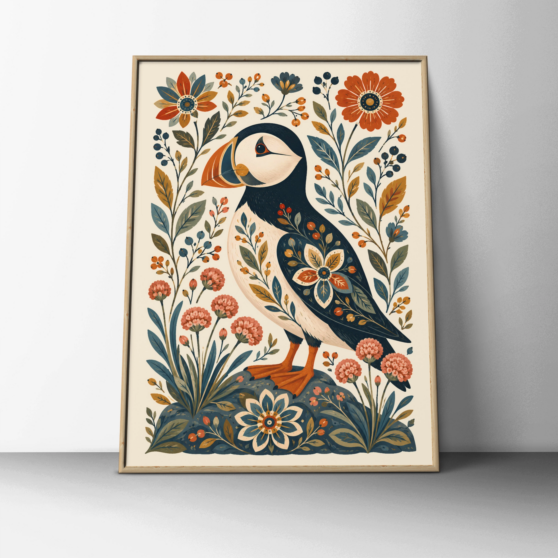 Folk Art Puffin Poster, Floral Bird Wall Art, Botanical Nordic Print, Nature Lover Gift