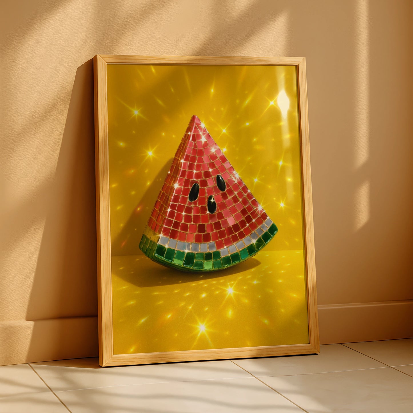 Disco ball watermelon slice on a bright yellow background with sparkles