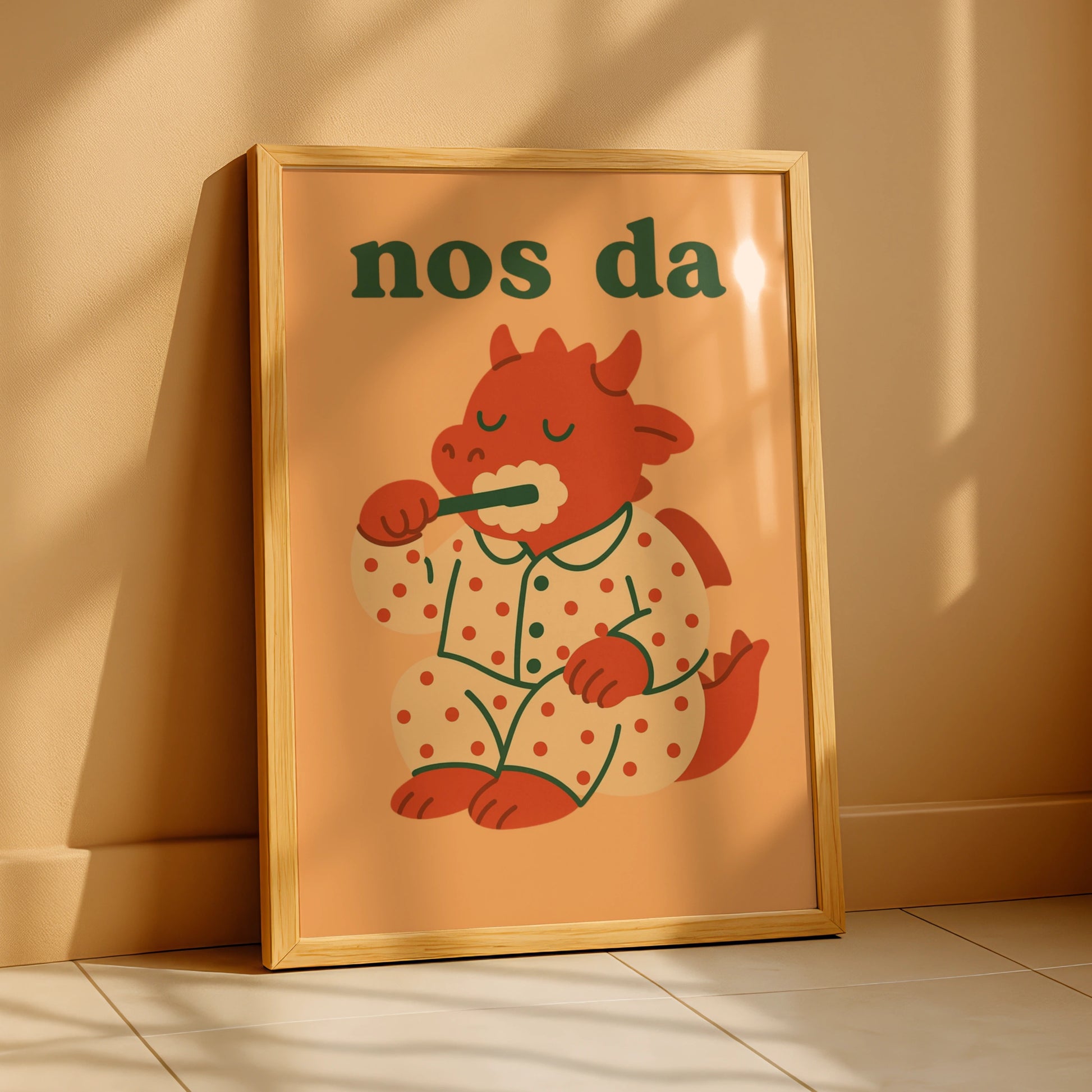Nos Da Welsh Dragon Poster, Wales Kids Bedroom Wall Art, Cute Goodnight Print