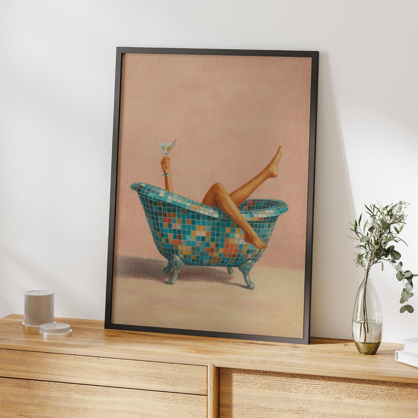 Retro disco bath poster with mosaic clawfoot tub, raised martini and pink background