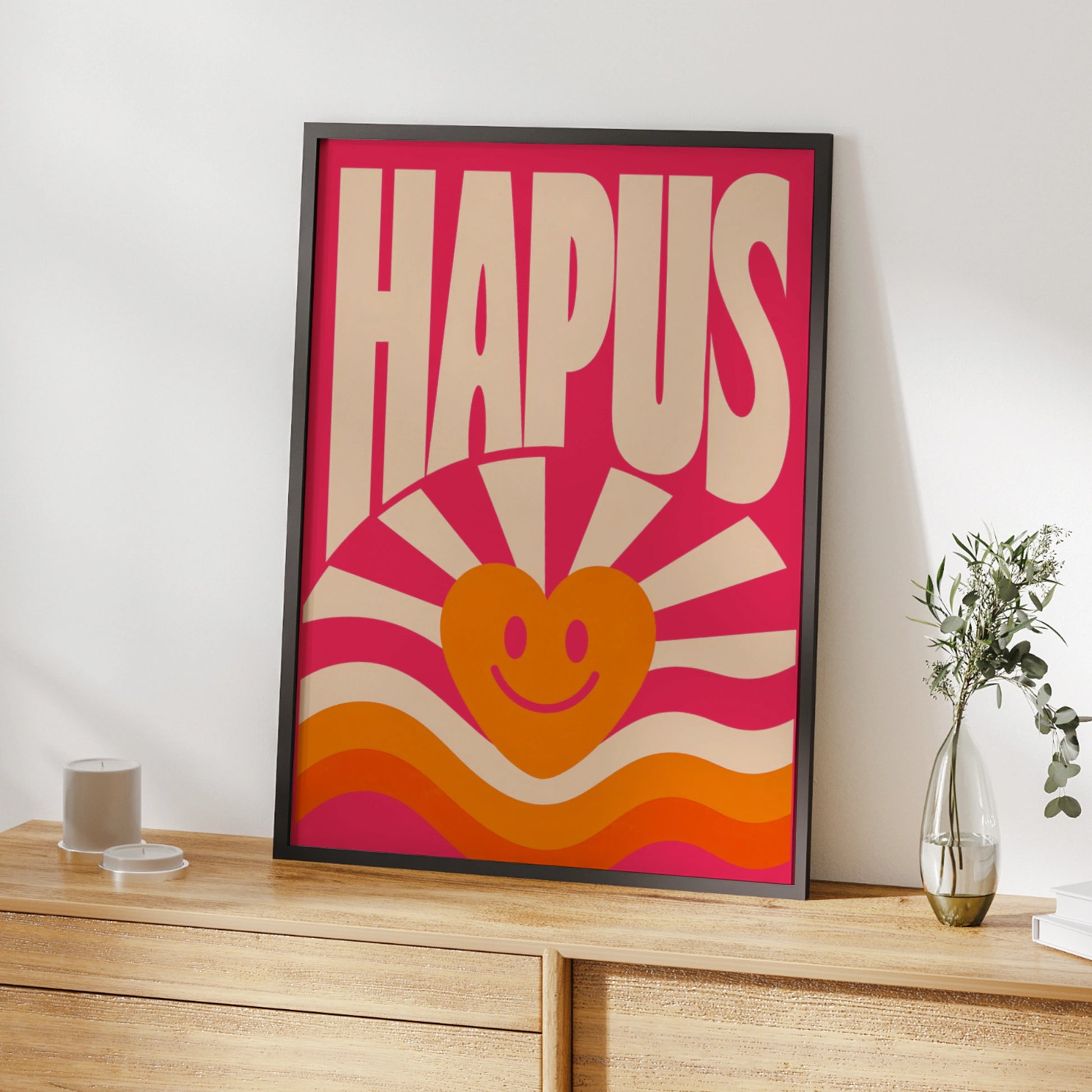 Hapus Welsh Happy Poster, Wales Retro Smiley Heart Wall Art, Pink Groovy Print