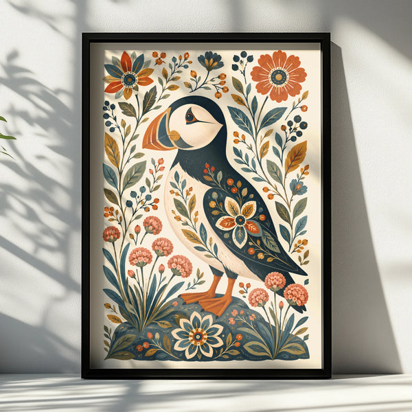 Folk Art Puffin Poster, Floral Bird Wall Art, Botanical Nordic Print, Nature Lover Gift