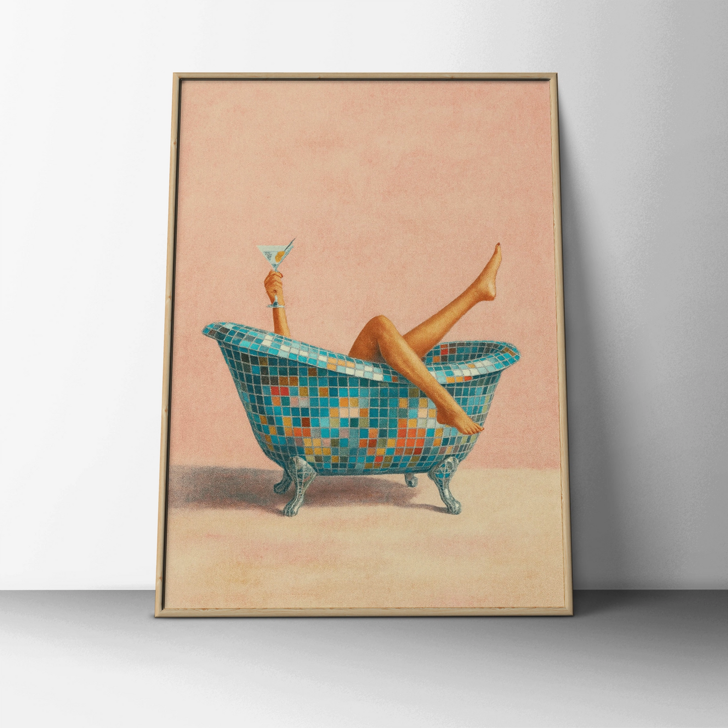 Retro disco bath poster with mosaic clawfoot tub, raised martini and pink background