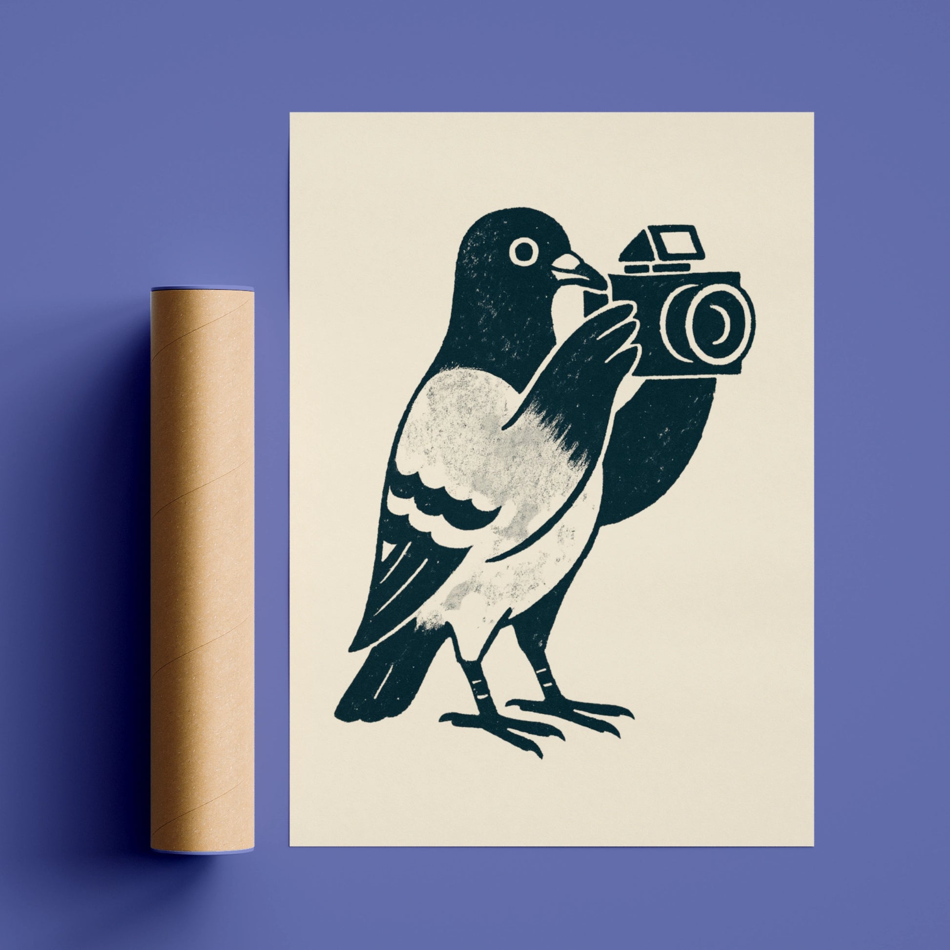 Pigeon camera poster in textured navy linework on a warm cream background