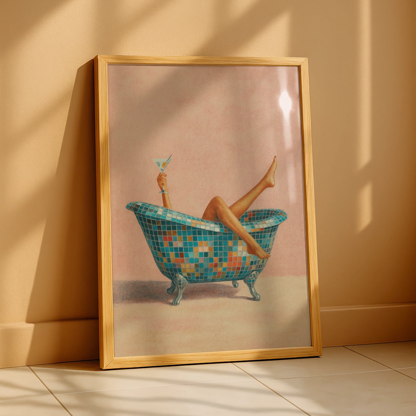 Retro disco bath poster with mosaic clawfoot tub, raised martini and pink background