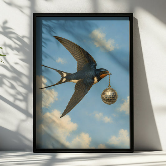 Illustrated swallow carrying a silver disco ball through a cloudy blue sky