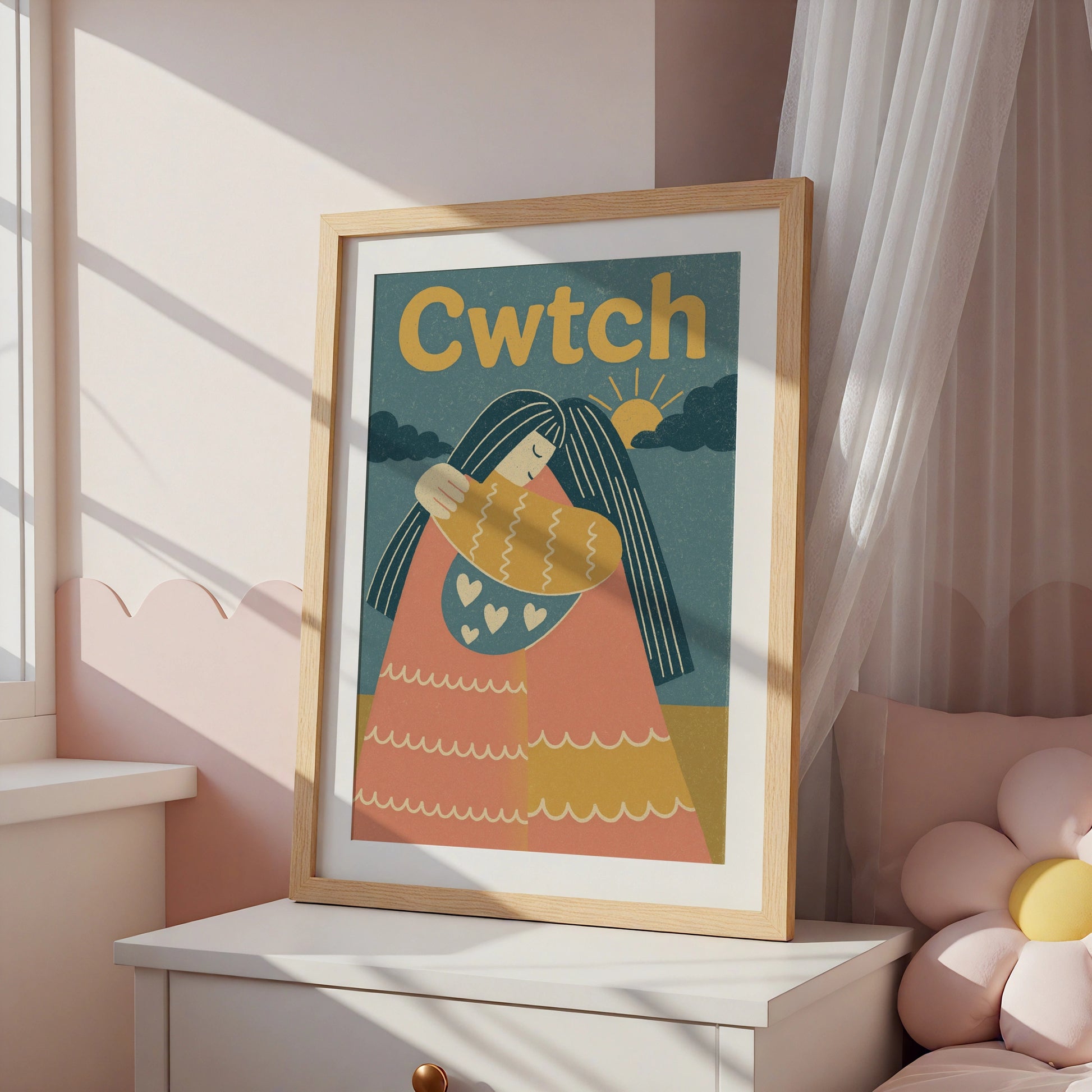 Cwtch Welsh Hug Poster, Wales Wall Art, Retro Friends Embrace Print, Gift