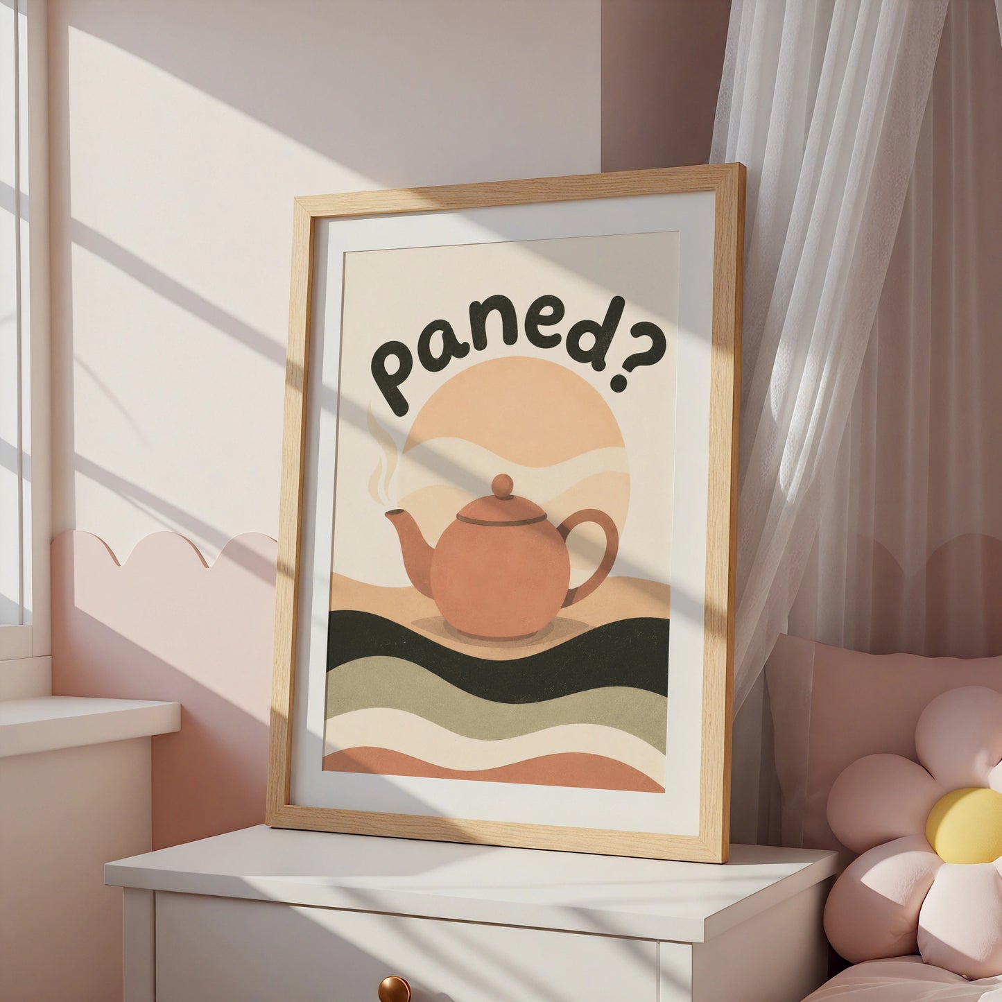 Paned Welsh Tea Poster, Wales Teapot Wall Art, Cymraeg Kitchen Print, Retro Boho