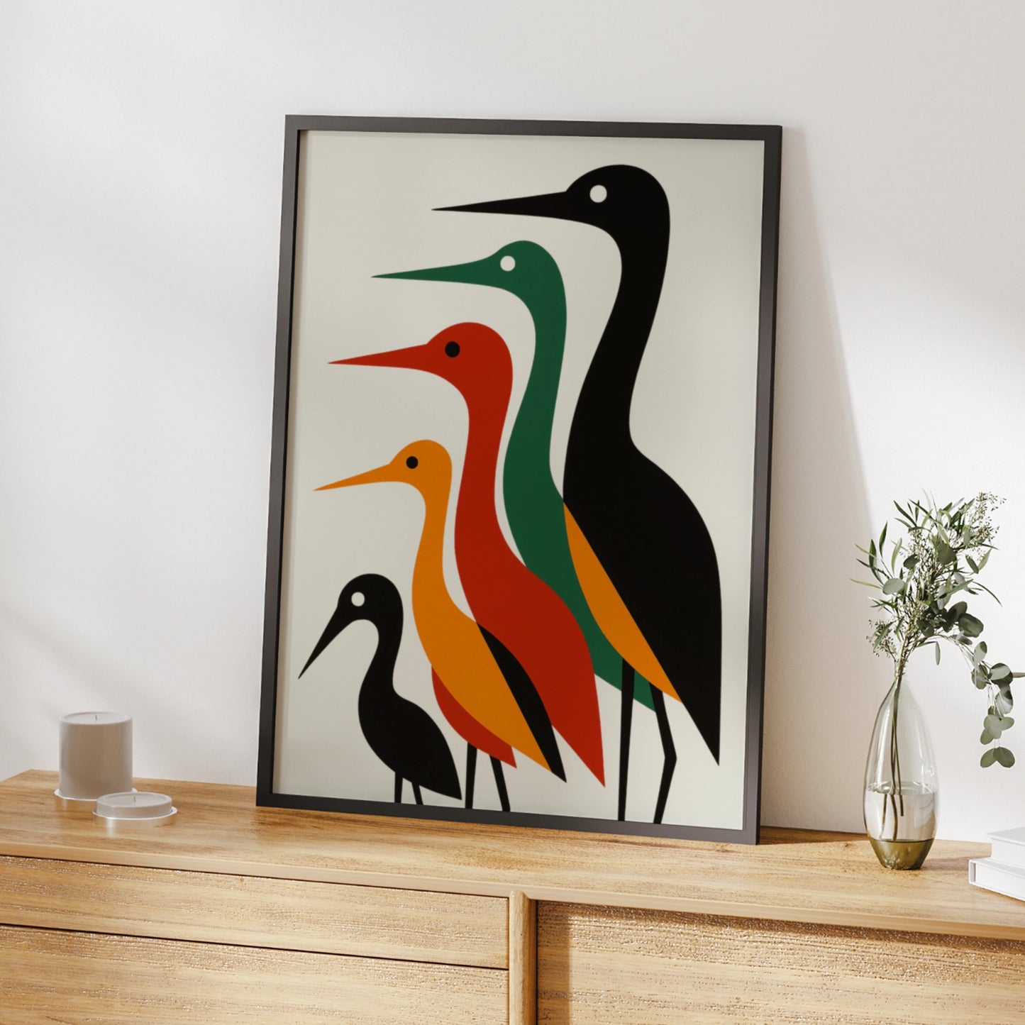 Geometric Bird Poster, Mid-Century Modern Heron Wall Art, Bold Colourful Nature Print