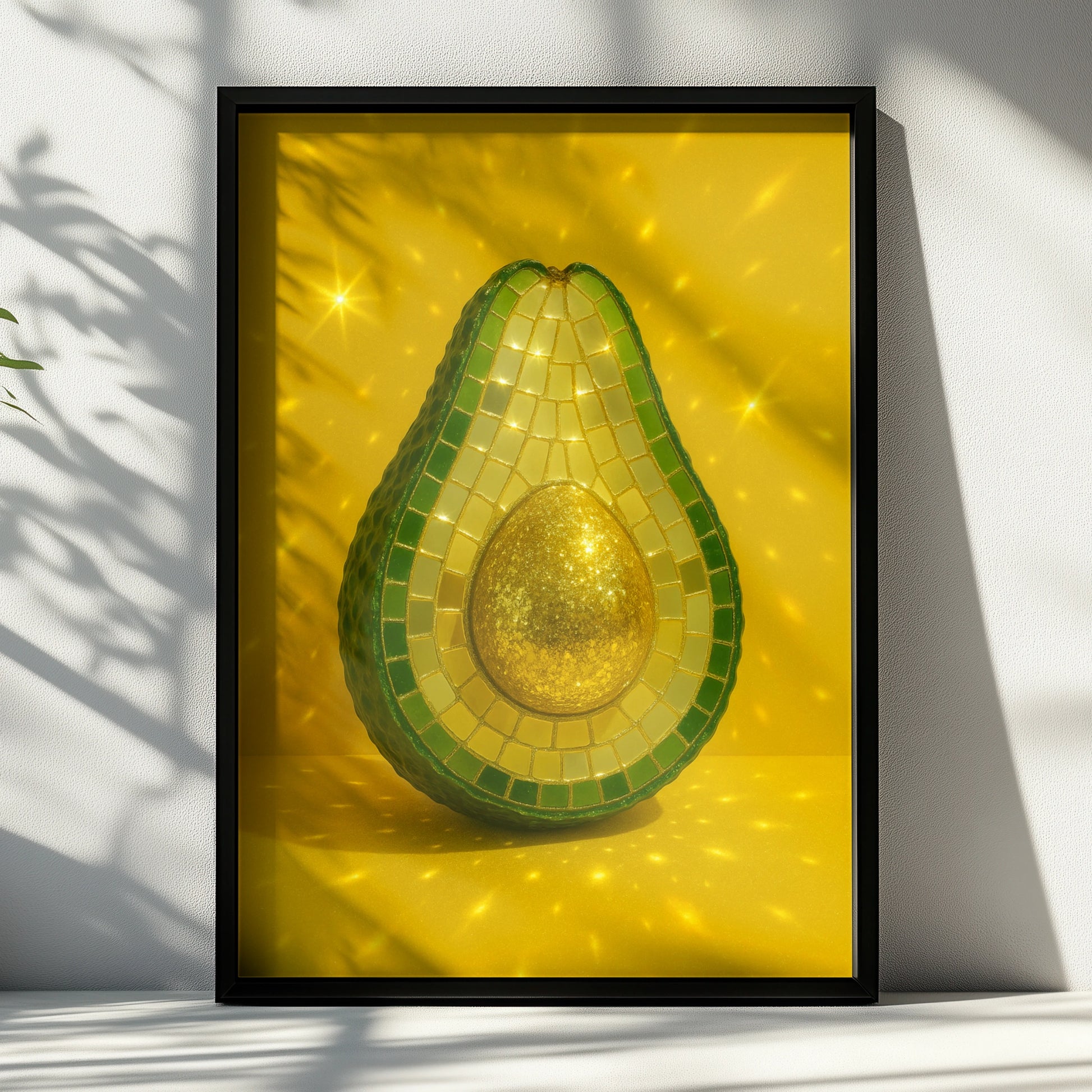 Mosaic disco avocado with a gold stone on a bright yellow background