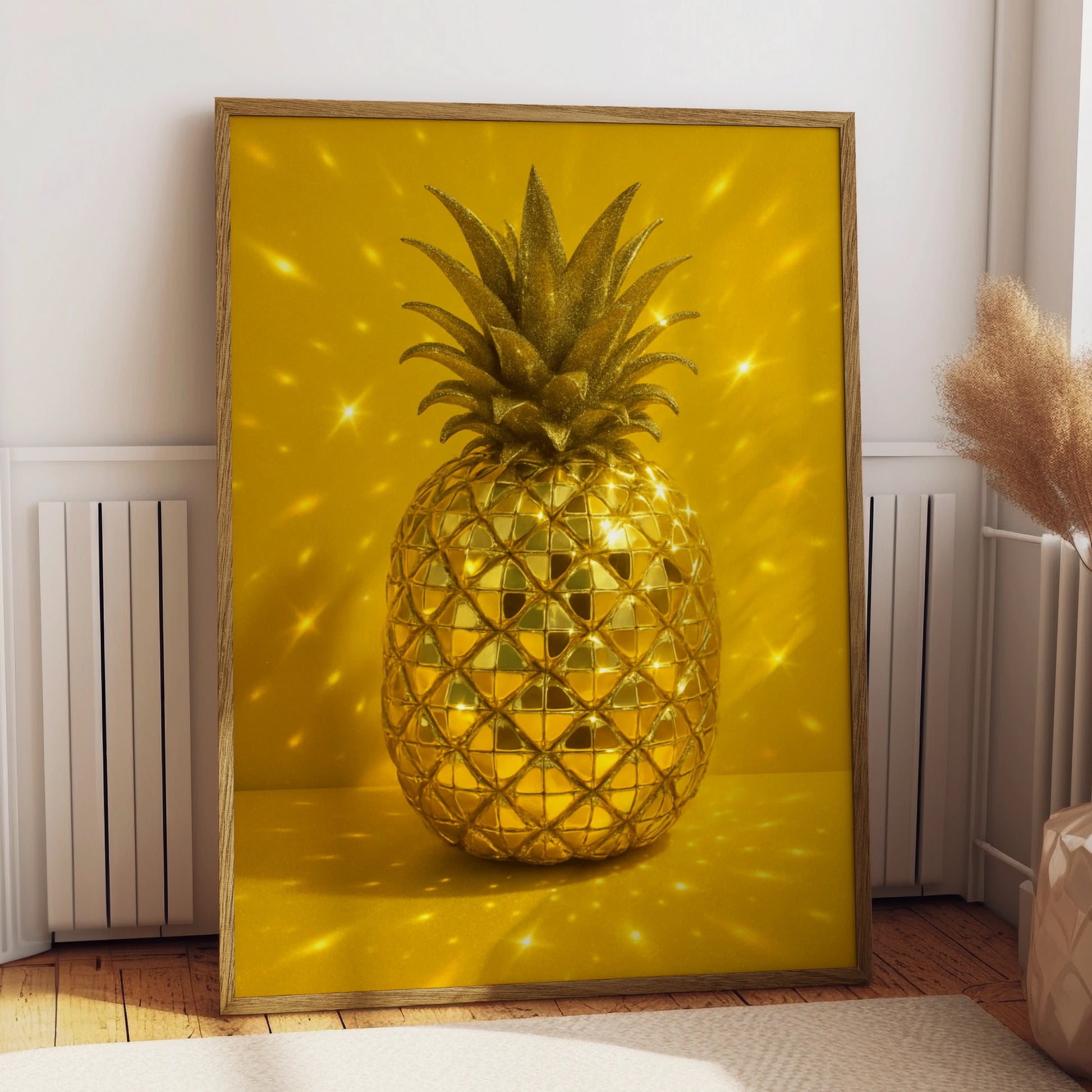 Golden disco ball pineapple with glittering leaves on a yellow background