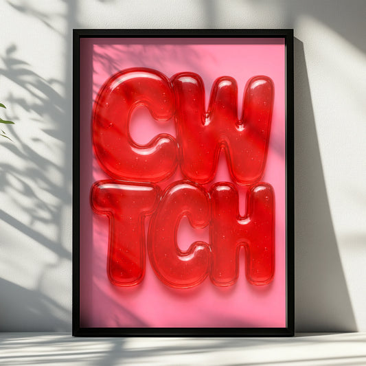 Cwtch Welsh Word Poster, Wales Jelly Bubble Letter Art, Red Pink Wall Print
