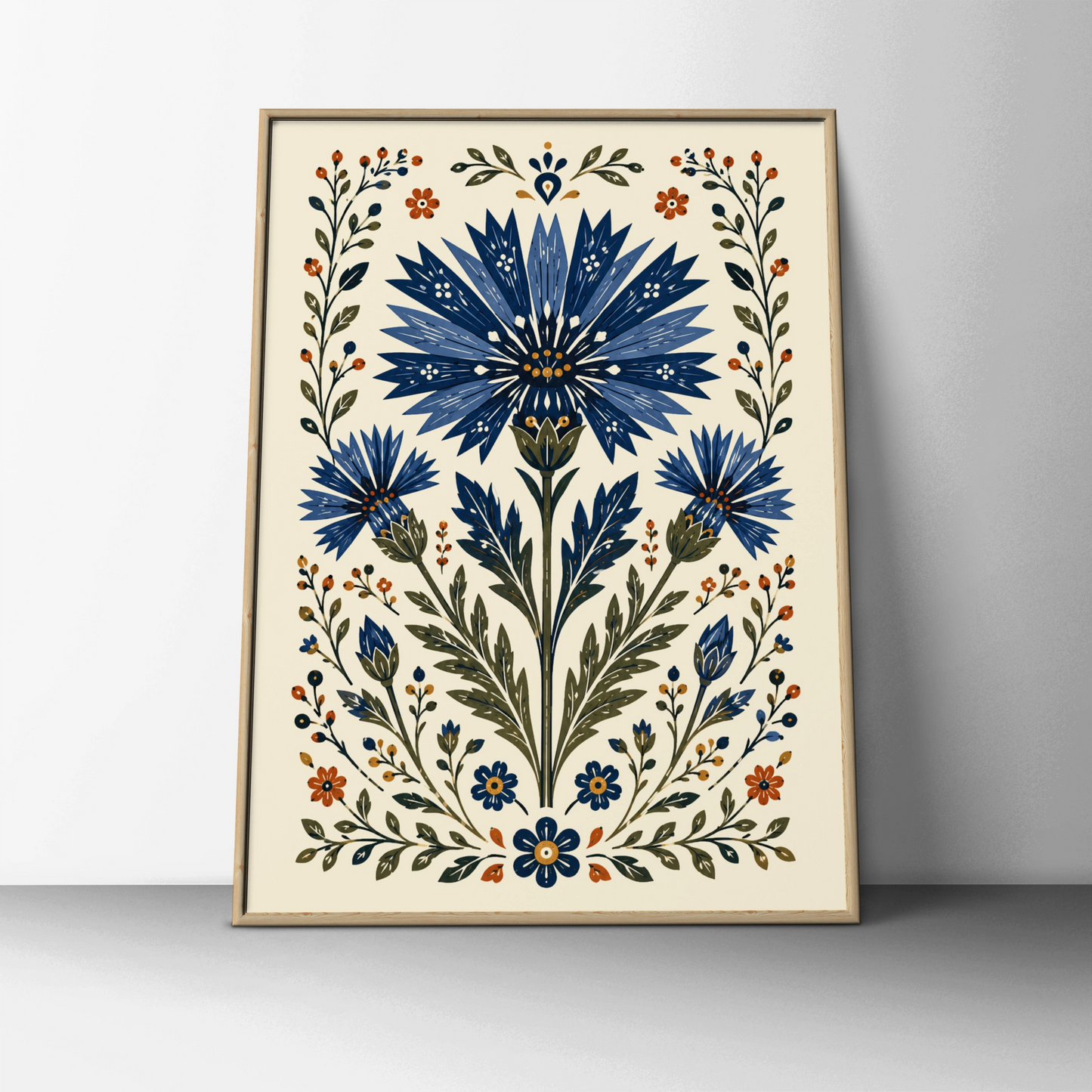 Folk Cornflower Poster, Blue Floral Wall Art, Botanical Folk Art Print, Wildflower Home Decor