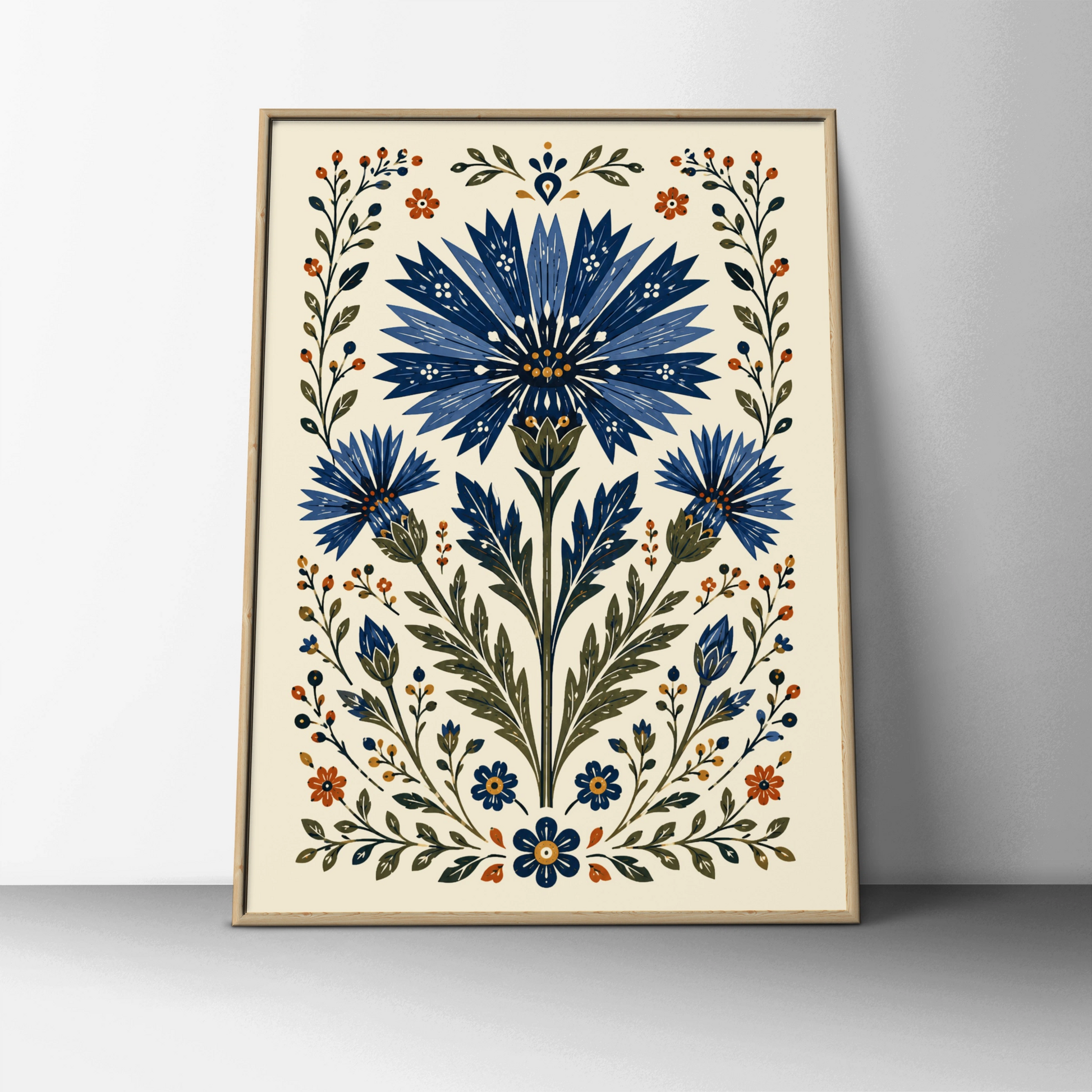 Folk Cornflower Poster, Blue Floral Wall Art, Botanical Folk Art Print, Wildflower Home Decor