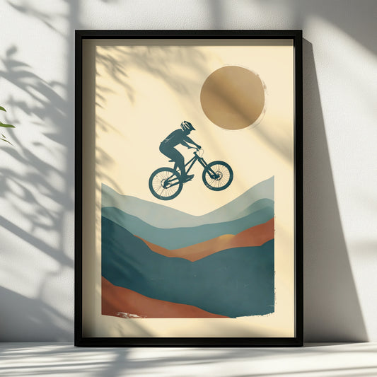 Mountain Bike Jump Poster, MTB Wall Art, Minimalist Cycling Print, Teal Terracotta Retro