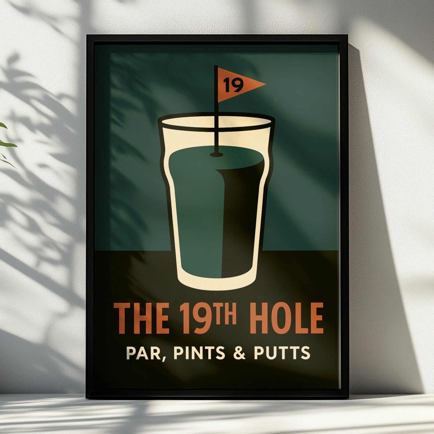 Retro 19th hole golf poster with a pint glass and flag on teal
