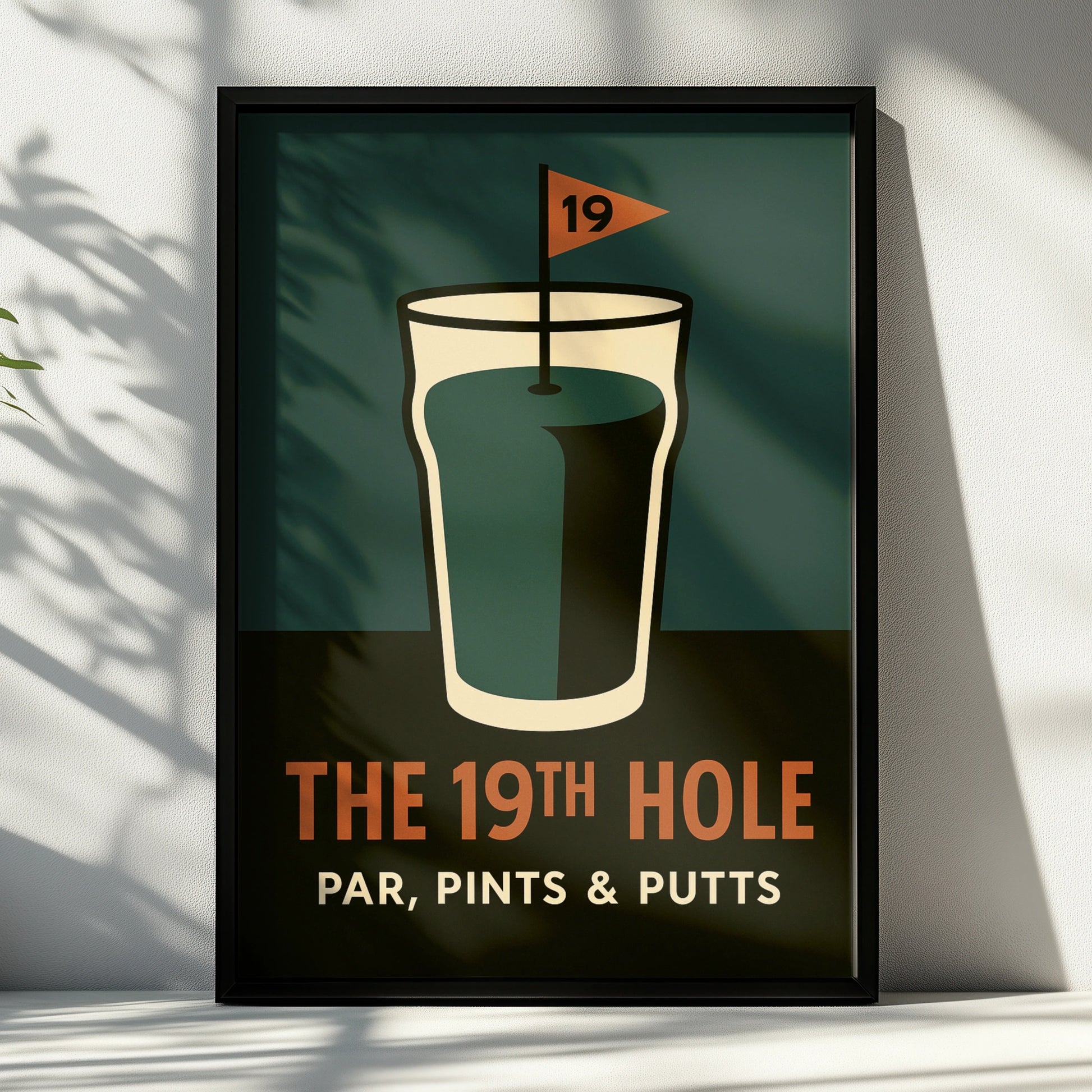 Retro 19th hole golf poster with a pint glass and flag on teal