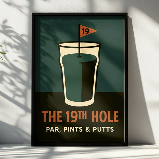 Retro 19th hole golf poster with a pint glass and flag on teal