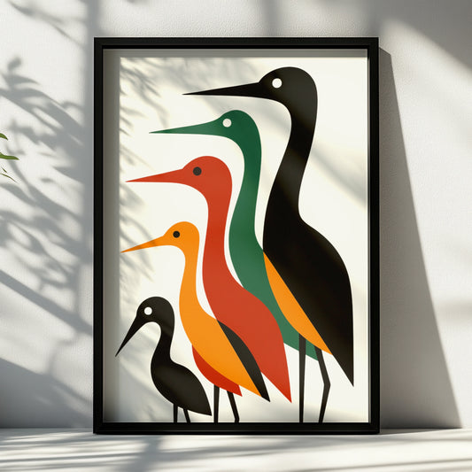 Geometric Bird Poster, Mid-Century Modern Heron Wall Art, Bold Colourful Nature Print