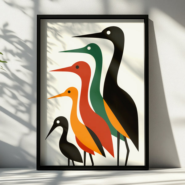 Geometric Bird Poster, Mid-Century Modern Heron Wall Art, Bold Colourful Nature Print