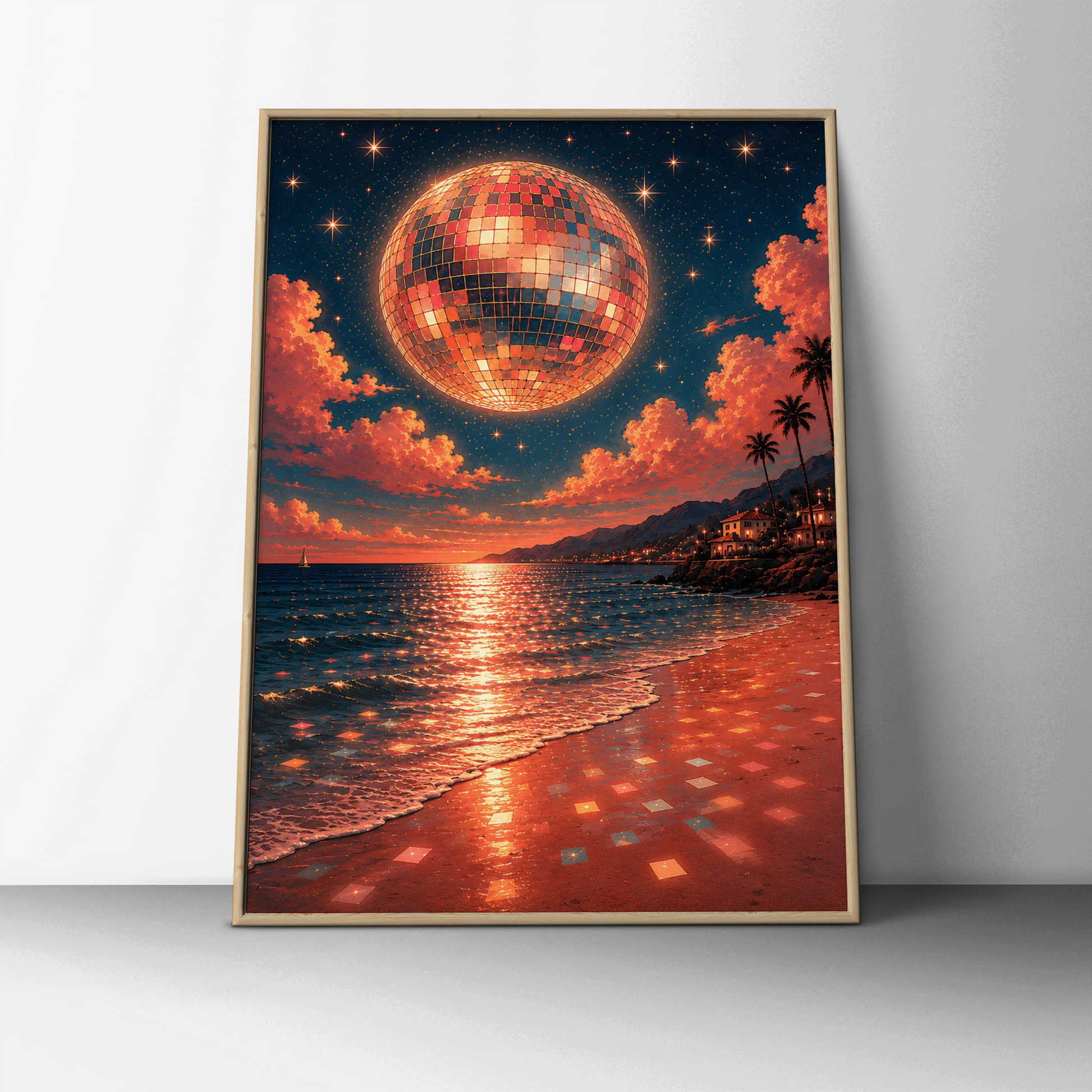 Surreal disco ball moon above a teal and coral coastal beach at sunset