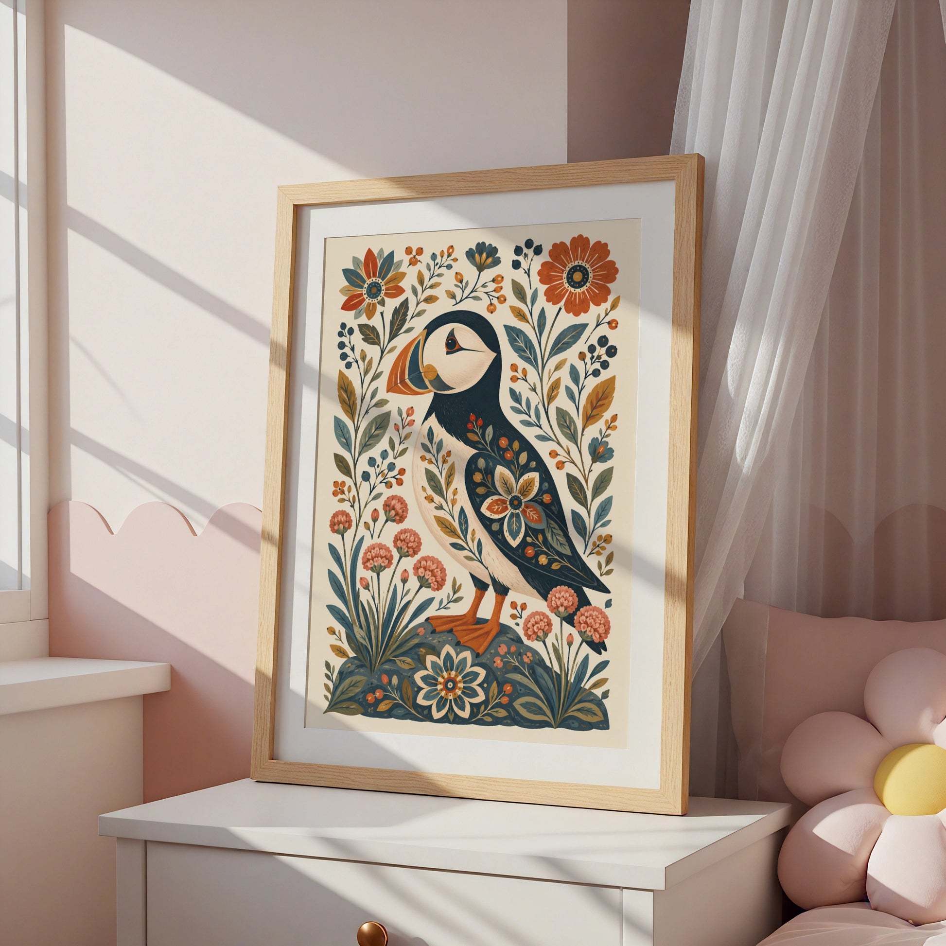 Folk Art Puffin Poster, Floral Bird Wall Art, Botanical Nordic Print, Nature Lover Gift