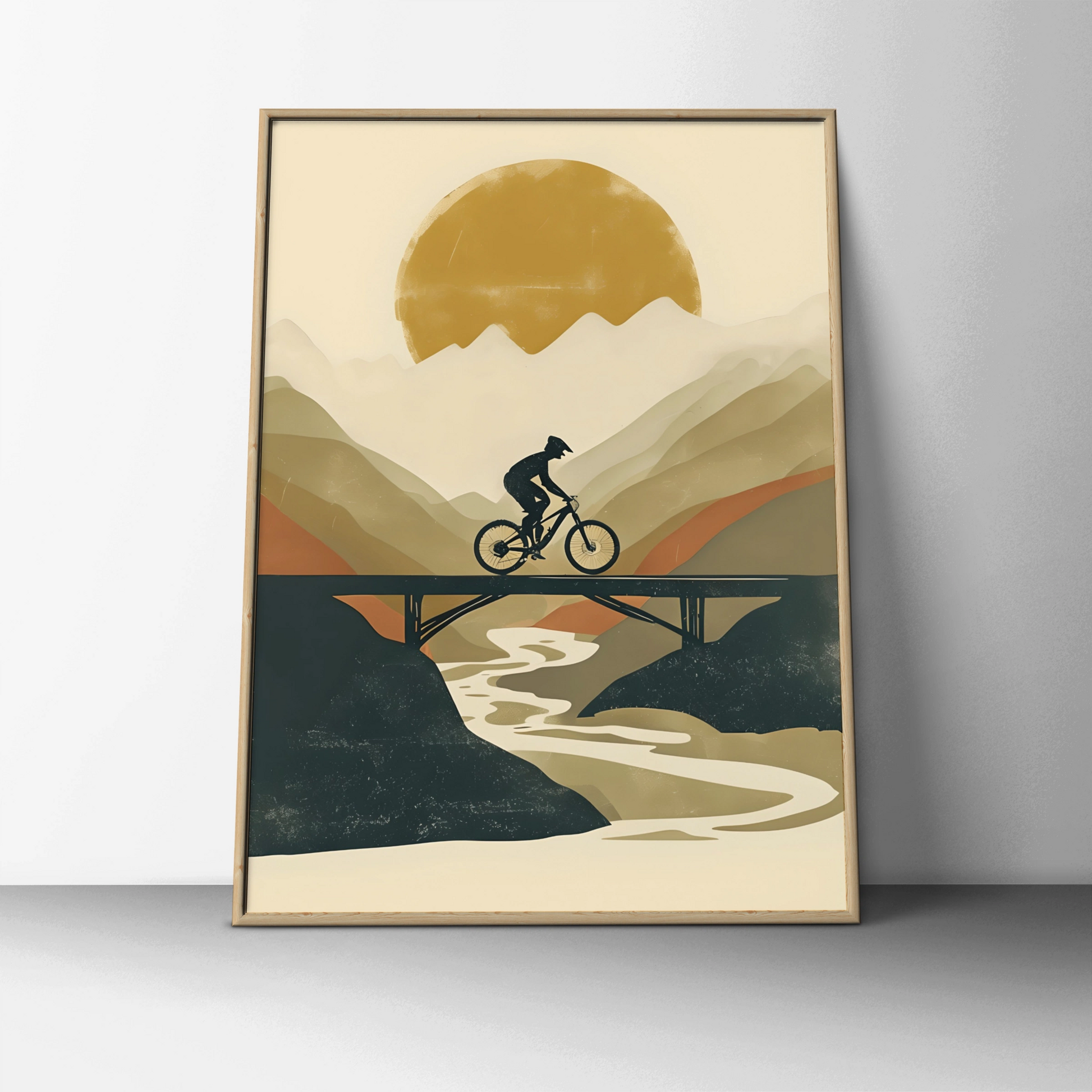 Mountain Bike Poster, MTB Wall Art, Cycling Print, Retro Sun Bridge Landscape Gift