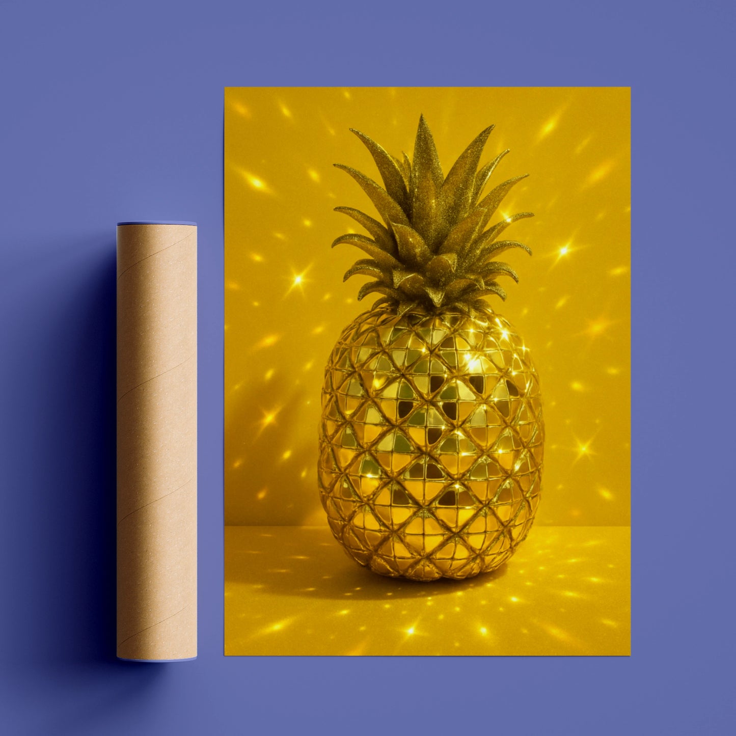 Golden disco ball pineapple with glittering leaves on a yellow background