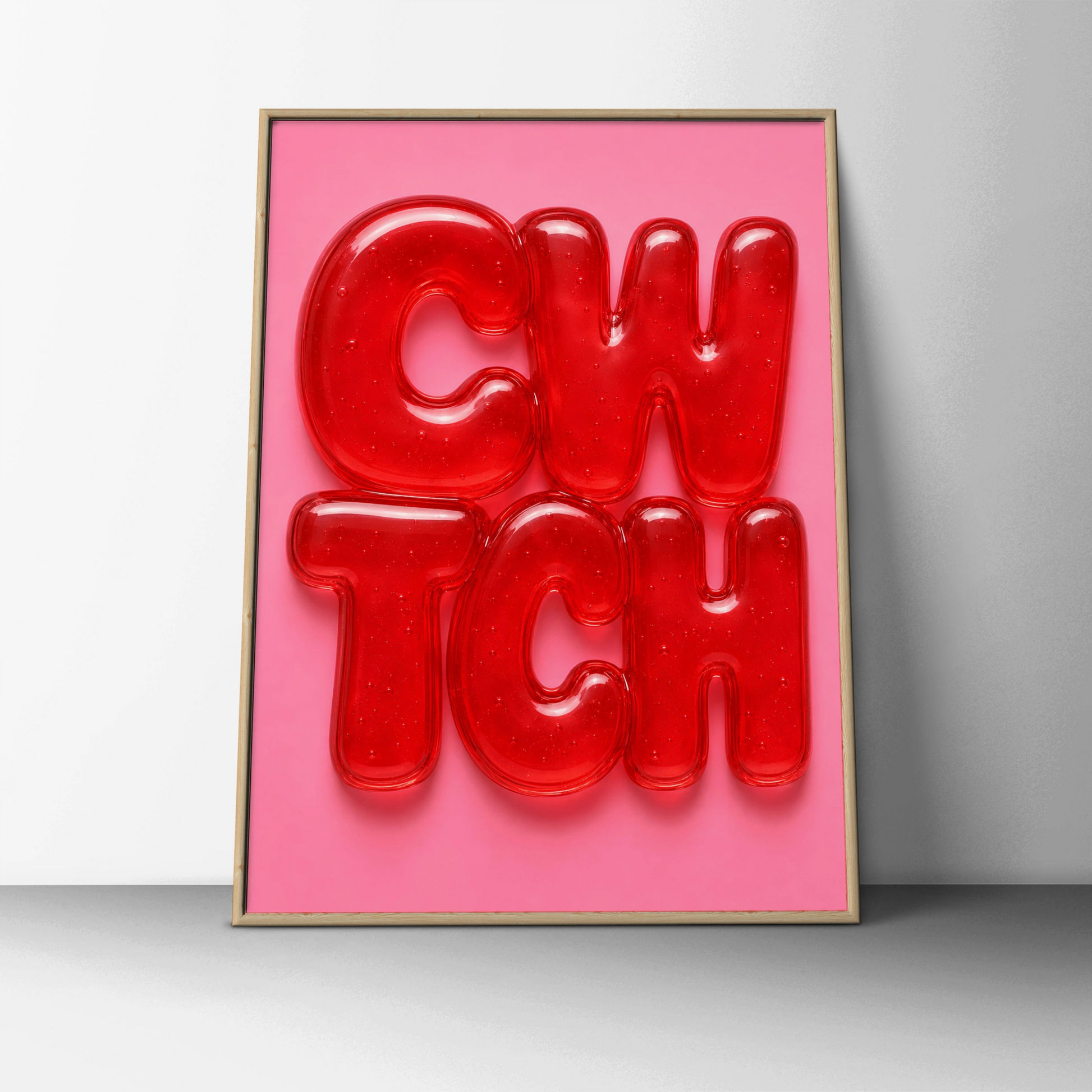 Cwtch Welsh Word Poster, Wales Jelly Bubble Letter Art, Red Pink Wall Print