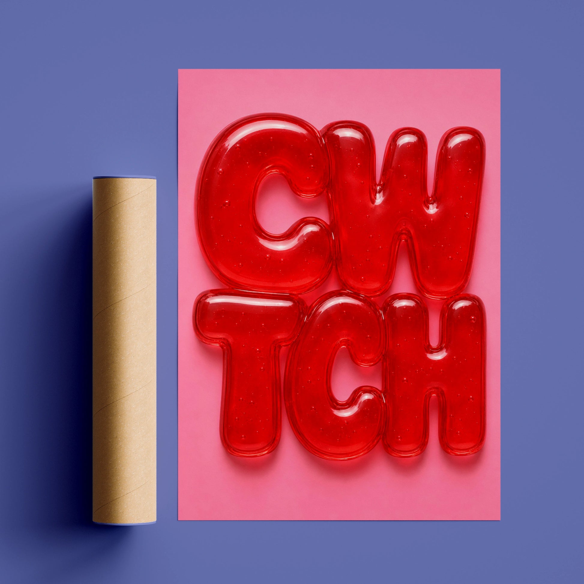 Cwtch Welsh Word Poster, Wales Jelly Bubble Letter Art, Red Pink Wall Print