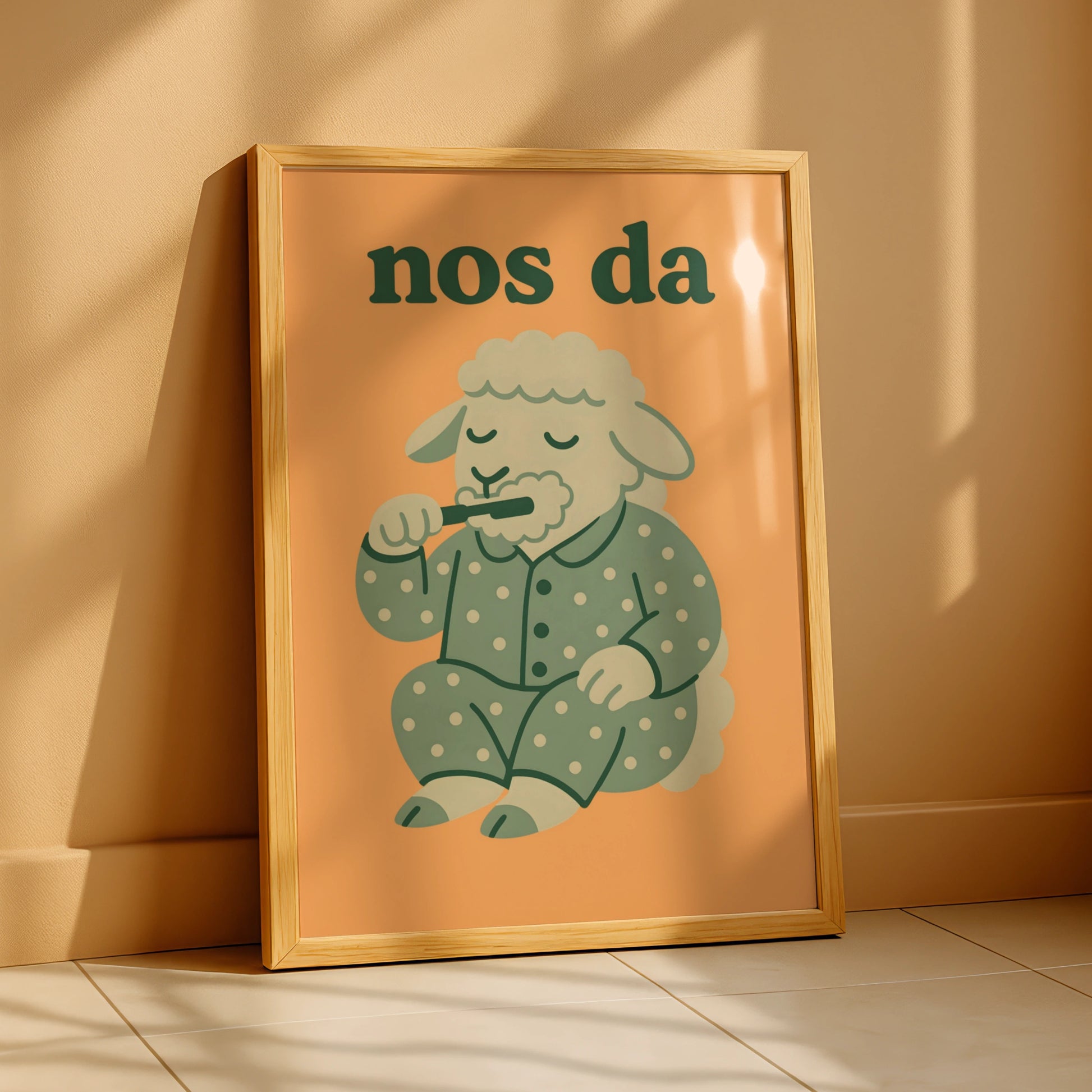 Nos Da Welsh Sheep Poster, Wales Nursery Wall Art, Cute Bedtime Print, Kids Room Decor